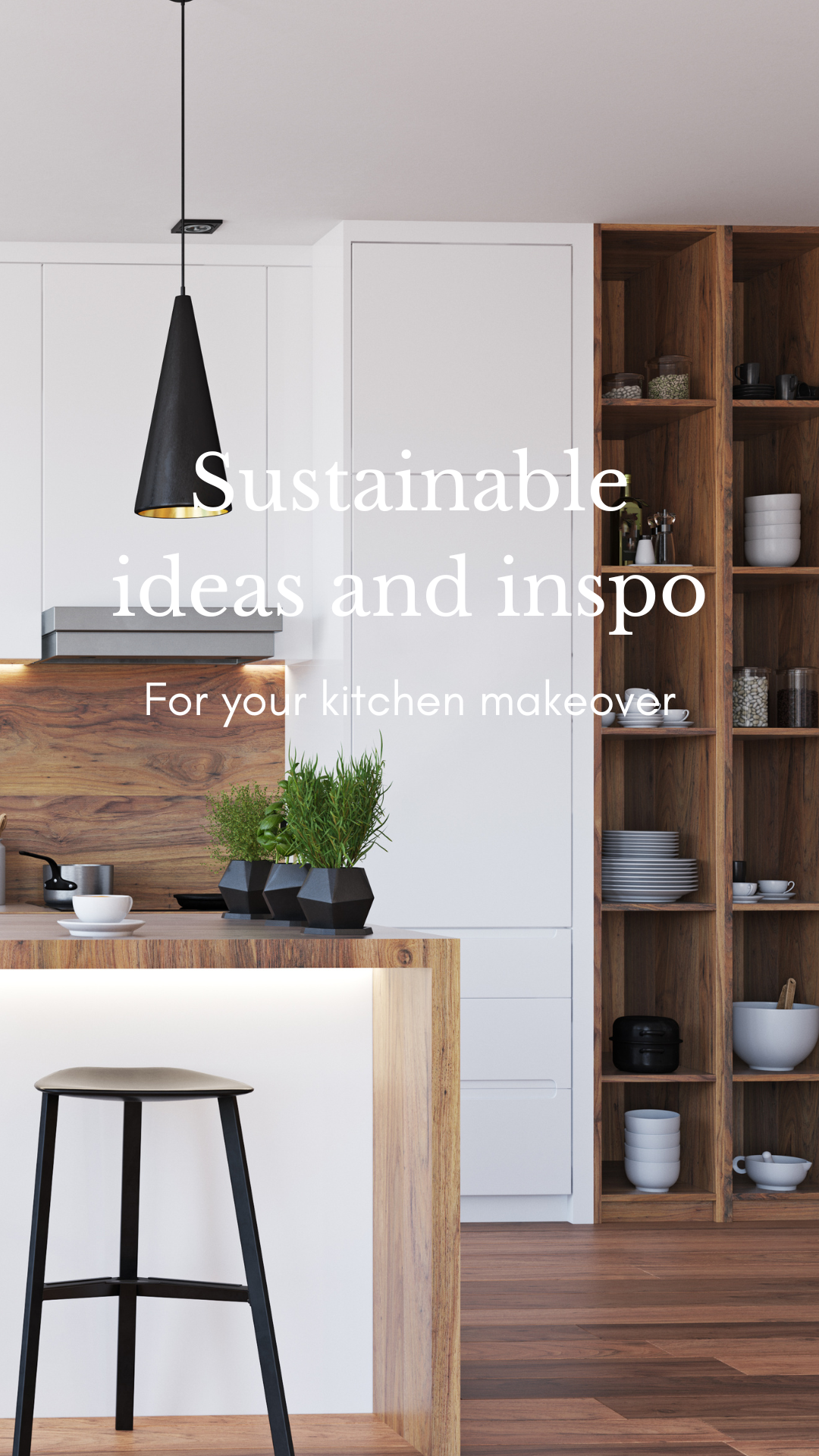 White kitchen with wooden accents and shelving - Sustainable ideas and Inspo for your kitchen makeover