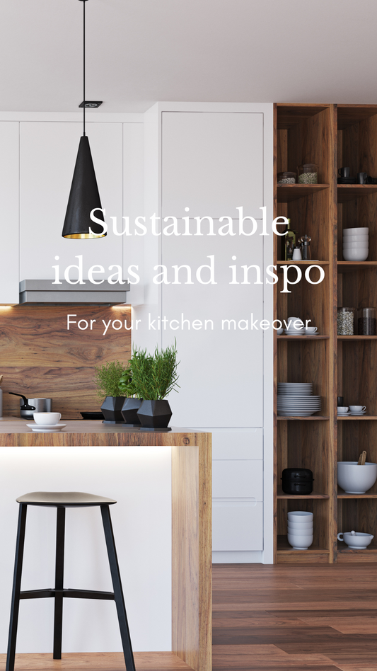 White kitchen with wooden accents and shelving - Sustainable ideas and Inspo for your kitchen makeover