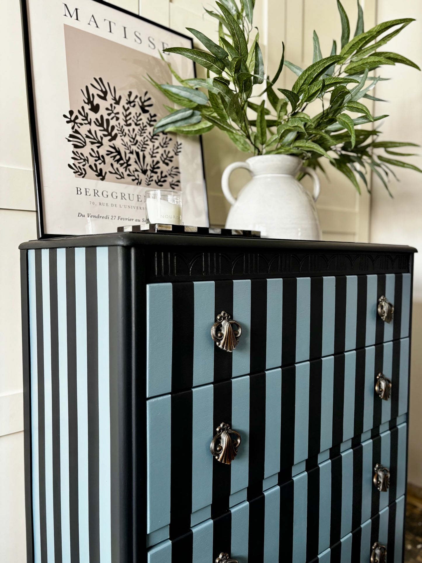 Stripey Chest of Drawers, Grey And Blue, Vintage Harris Lebus