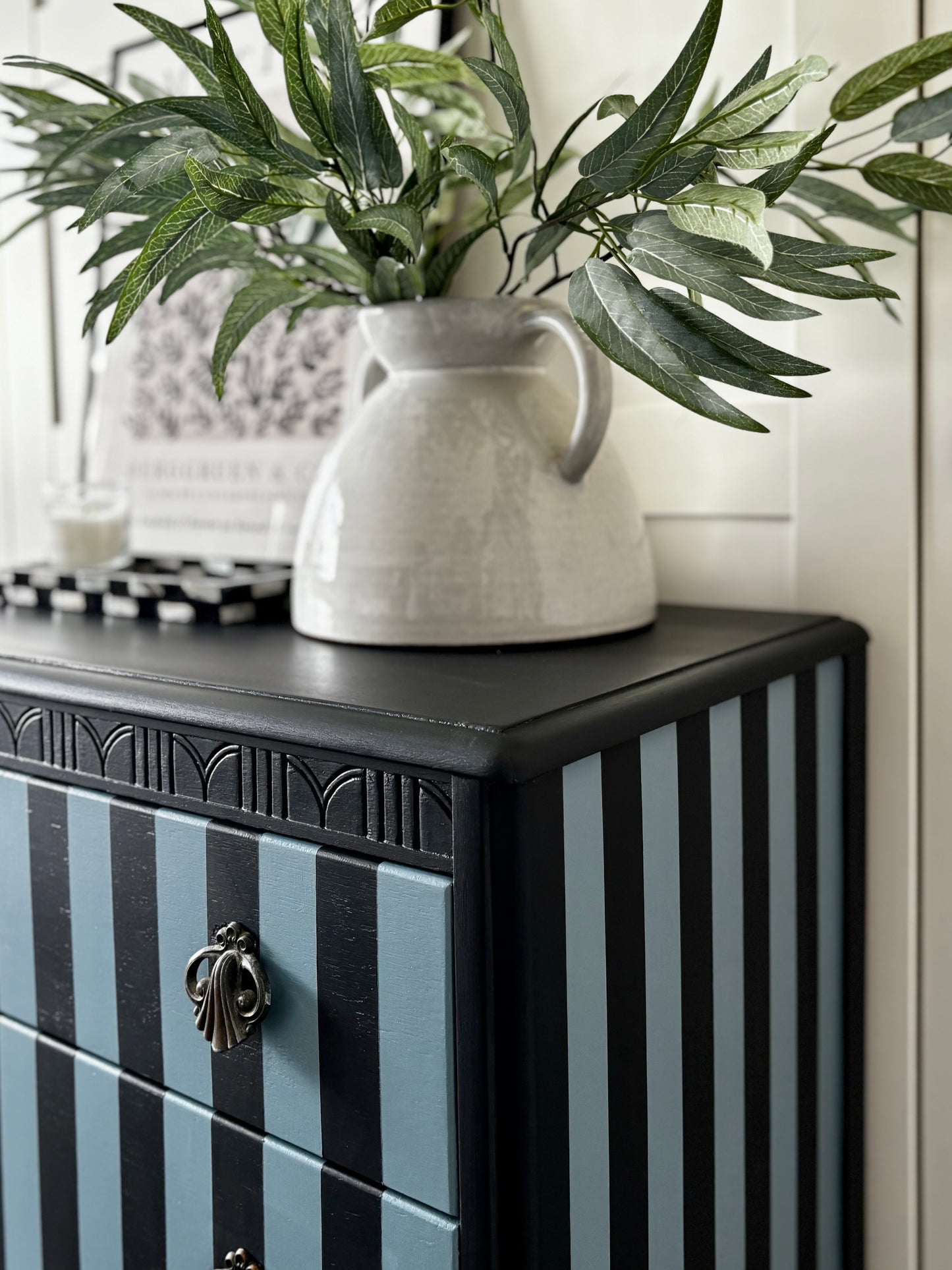 Stripey Chest of Drawers, Grey And Blue, Vintage Harris Lebus