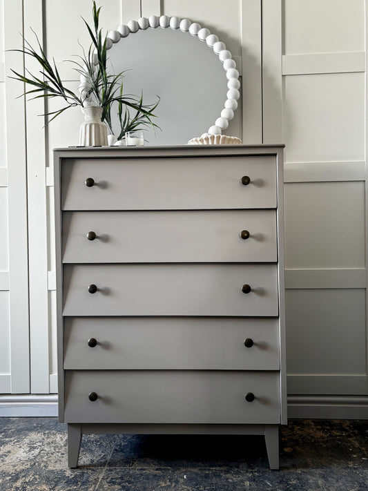 Neutral mid century tall chest of drawers. Upcycled vintage drawers. Neutral drawers with brass handles
