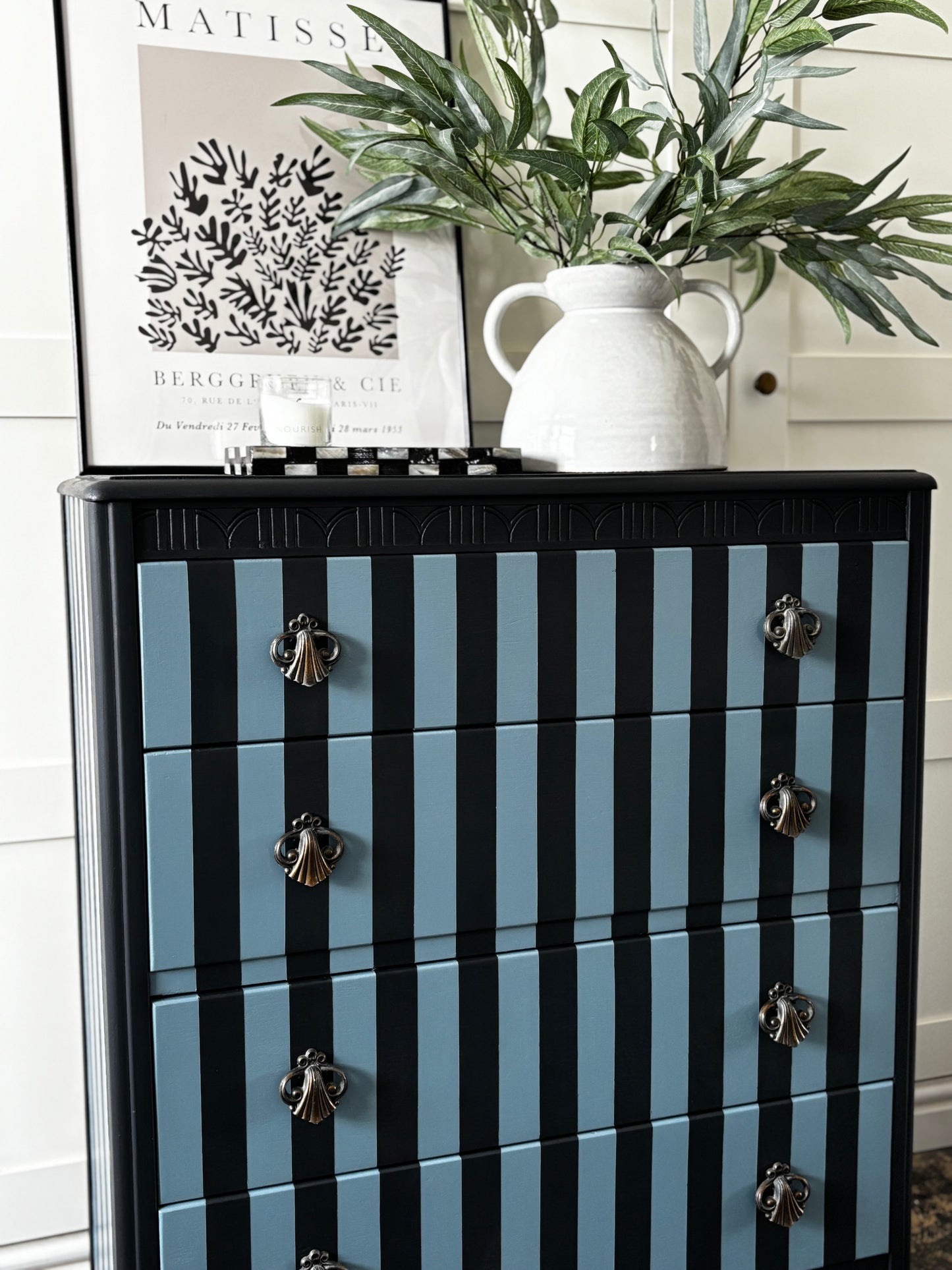 Stripey Chest of Drawers, Grey And Blue, Vintage Harris Lebus