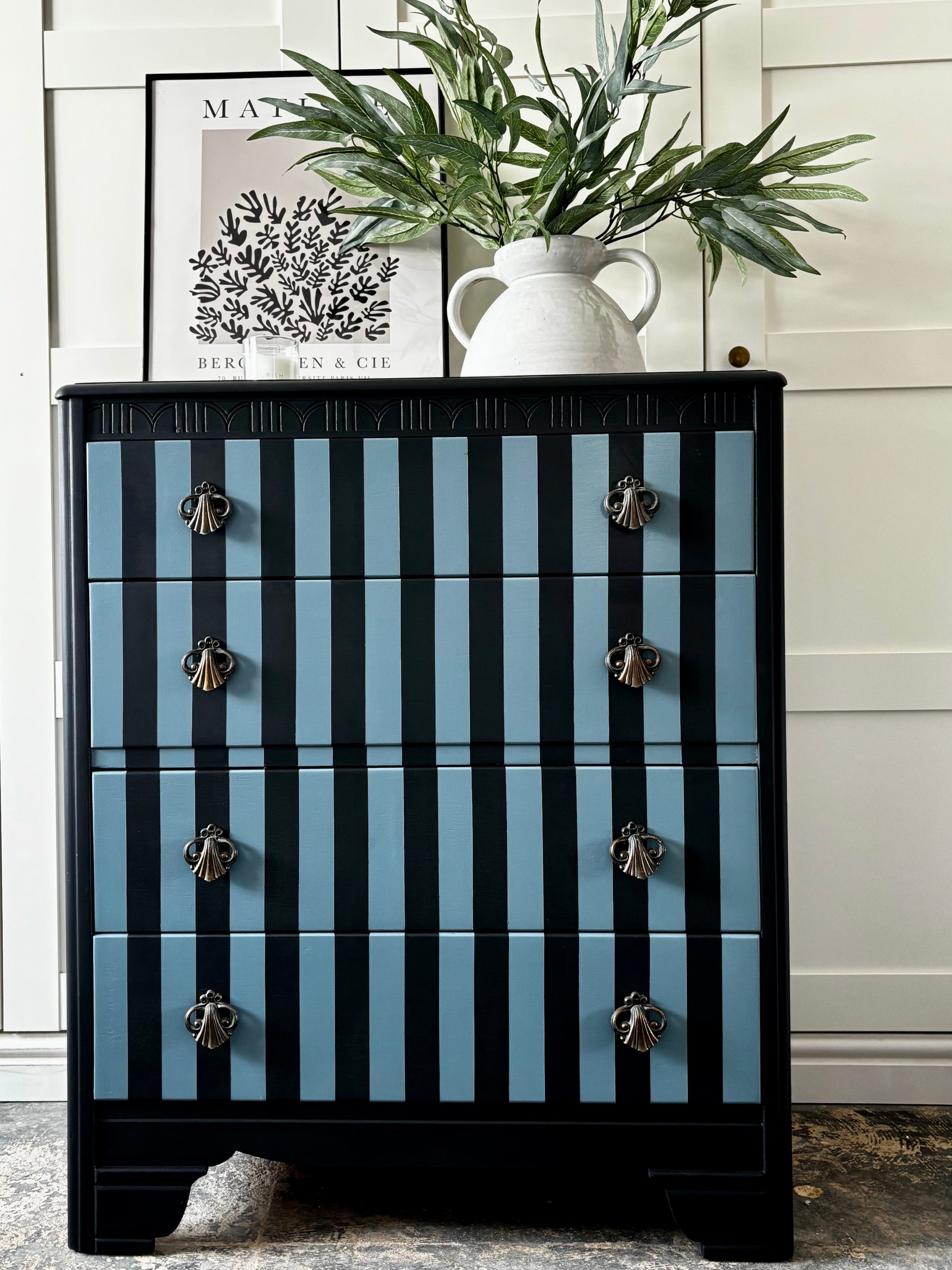 Stripey Chest of Drawers, Grey And Blue, Vintage Harris Lebus