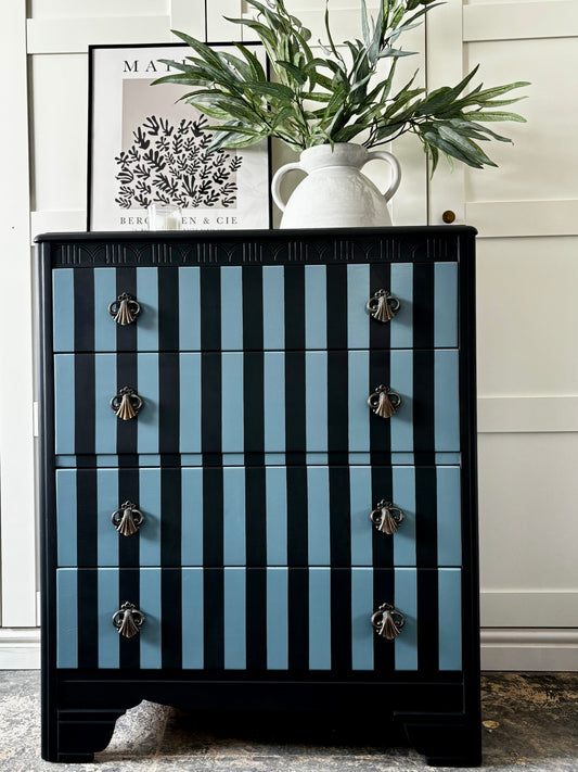 Stripey Chest of Drawers, Grey And Blue, Vintage Harris Lebus