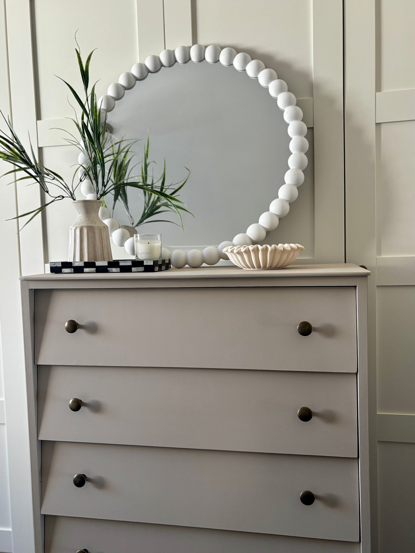 Neutral mid century tall chest of drawers. Upcycled vintage drawers. Neutral drawers with brass handles