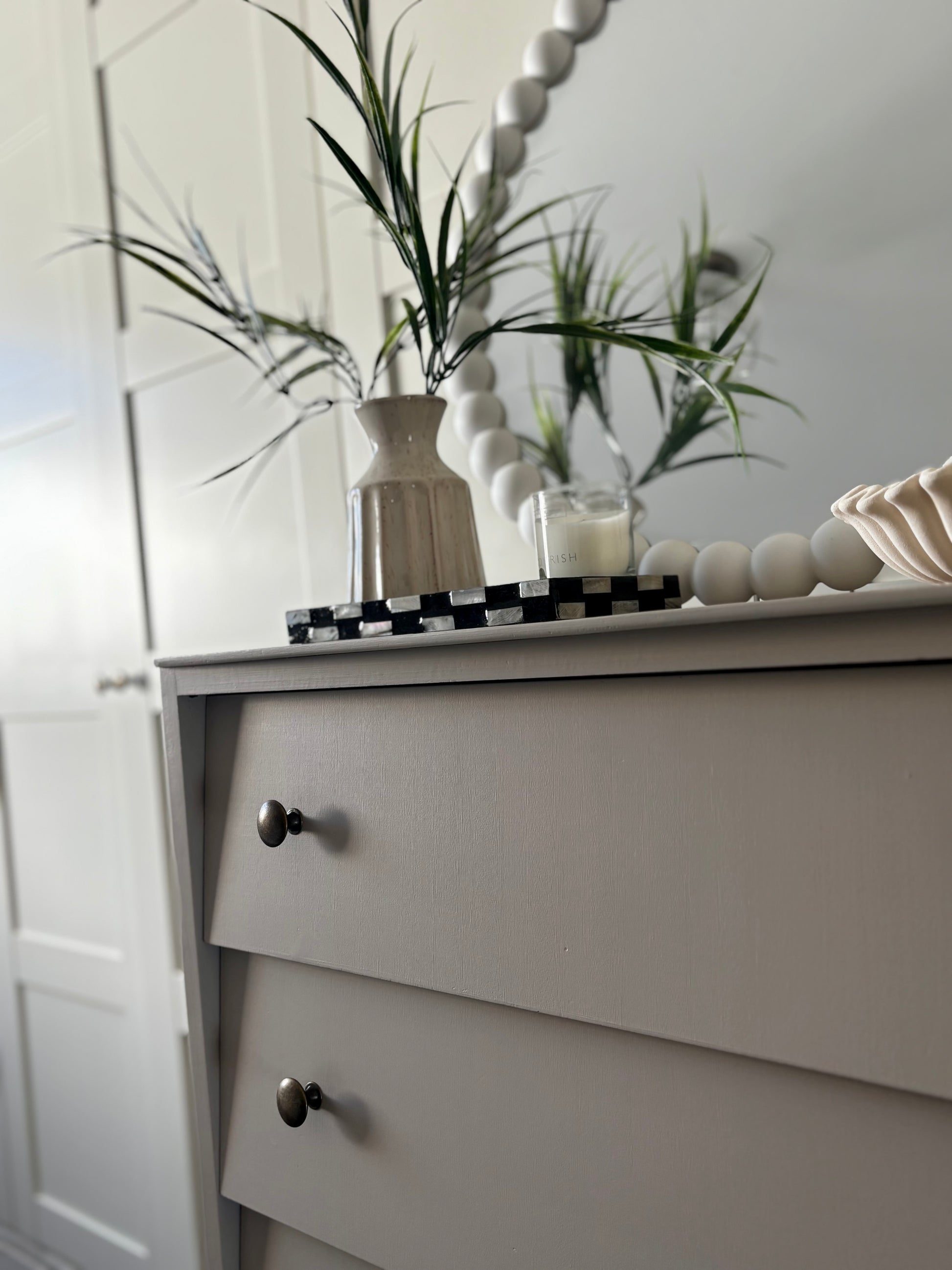 Neutral mid century tall chest of drawers. Upcycled vintage drawers. Neutral drawers with brass handles
