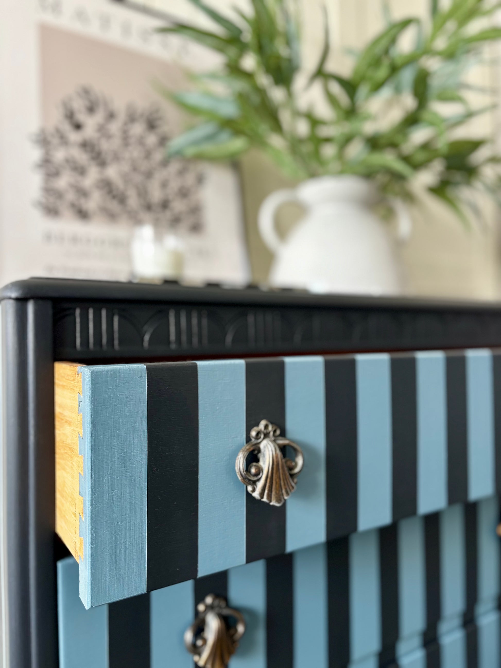 Stripey Chest of Drawers, Grey And Blue, Vintage Harris Lebus