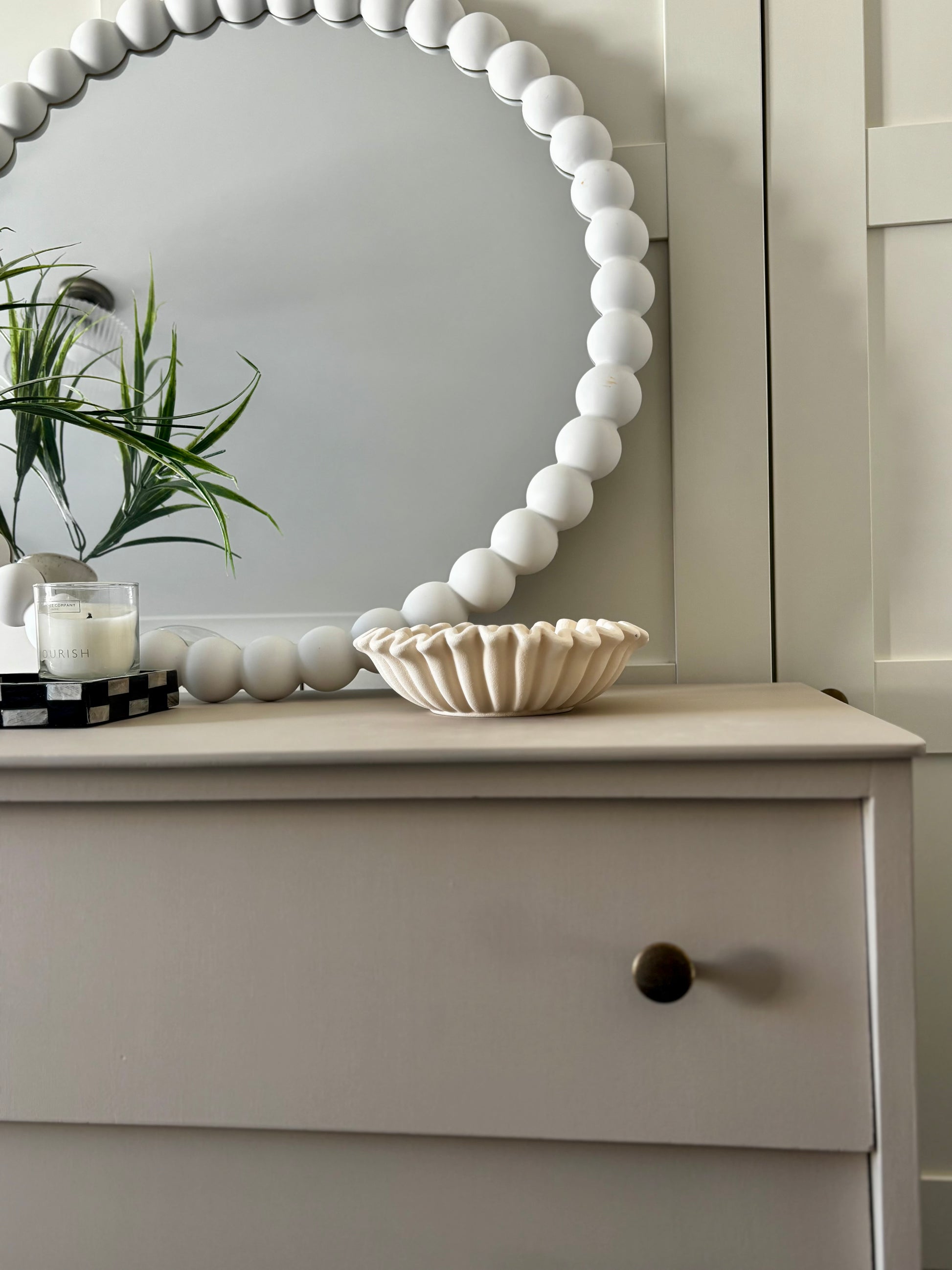 Neutral mid century tall chest of drawers. Upcycled vintage drawers. Neutral drawers with brass handles