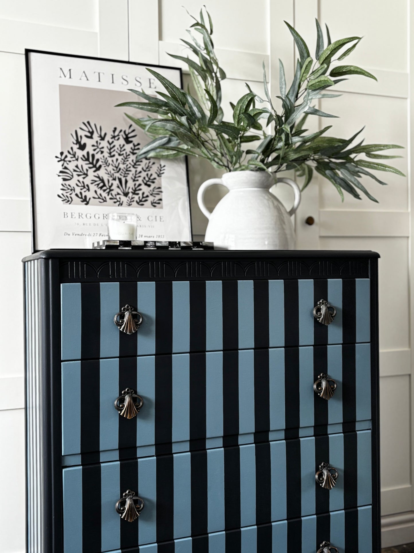 Stripey Chest of Drawers, Grey And Blue, Vintage Harris Lebus