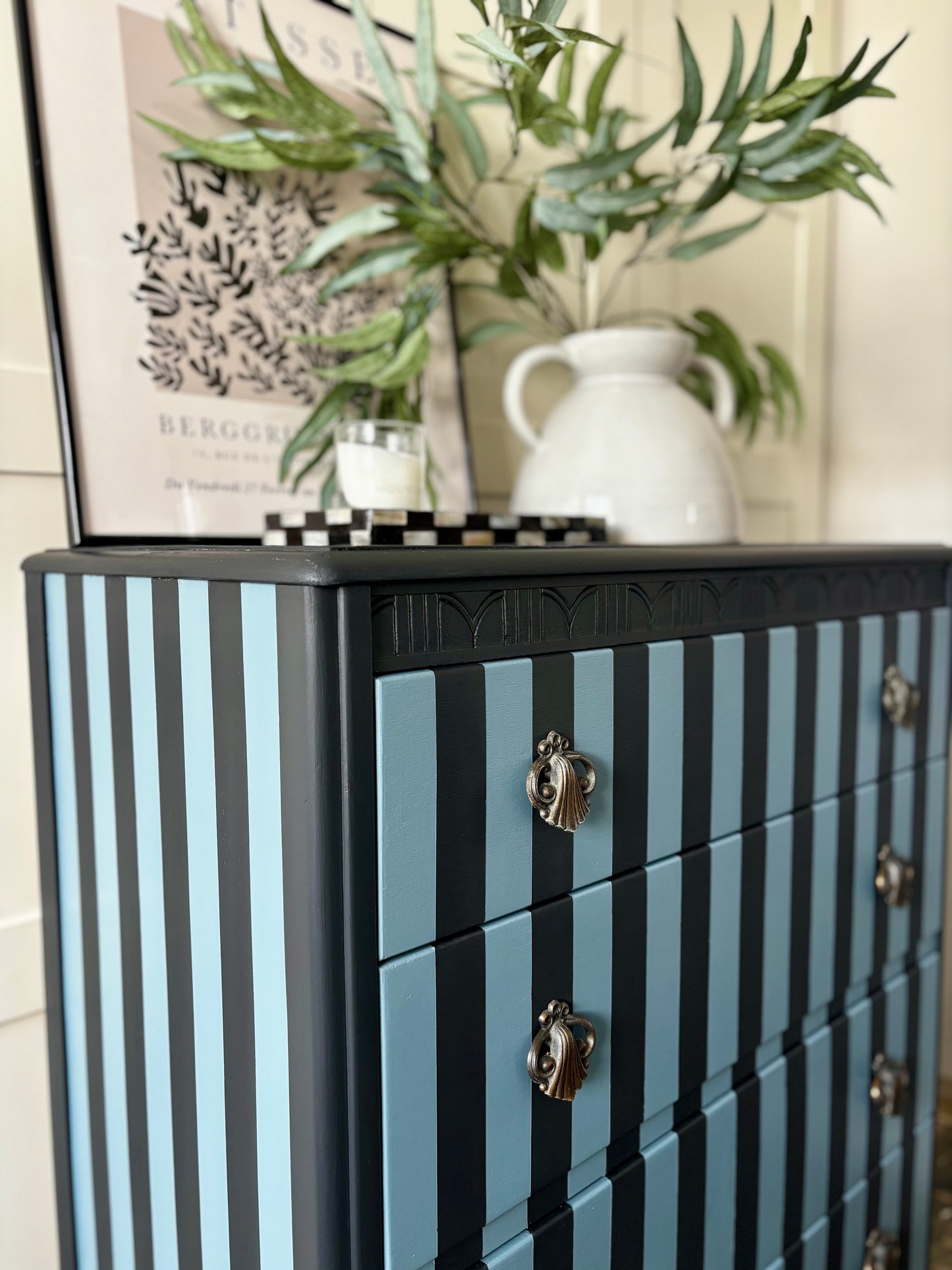 Stripey Chest of Drawers, Grey And Blue, Vintage Harris Lebus