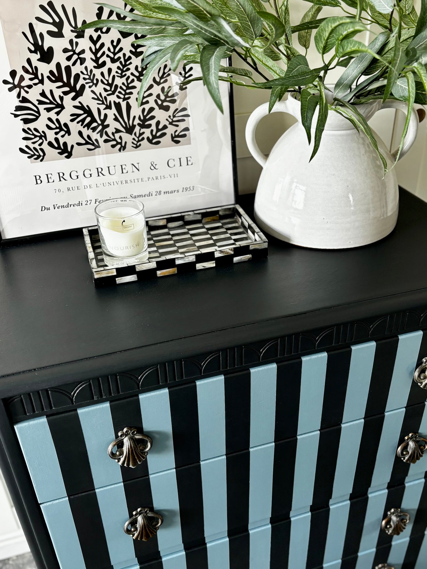 Stripey Chest of Drawers, Grey And Blue, Vintage Harris Lebus