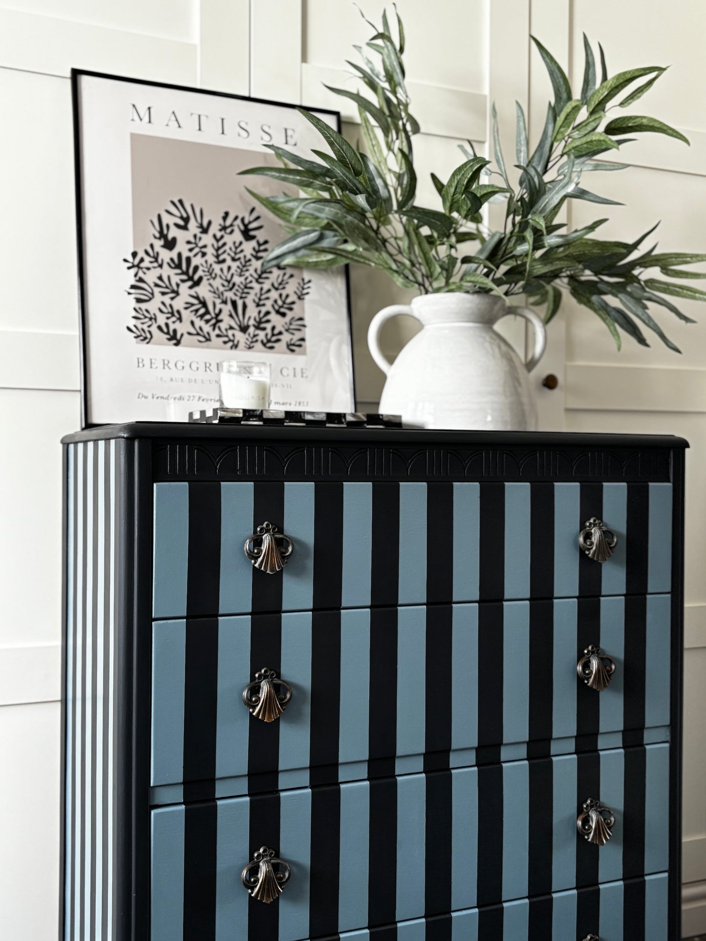 Stripey Chest of Drawers, Grey And Blue, Vintage Harris Lebus