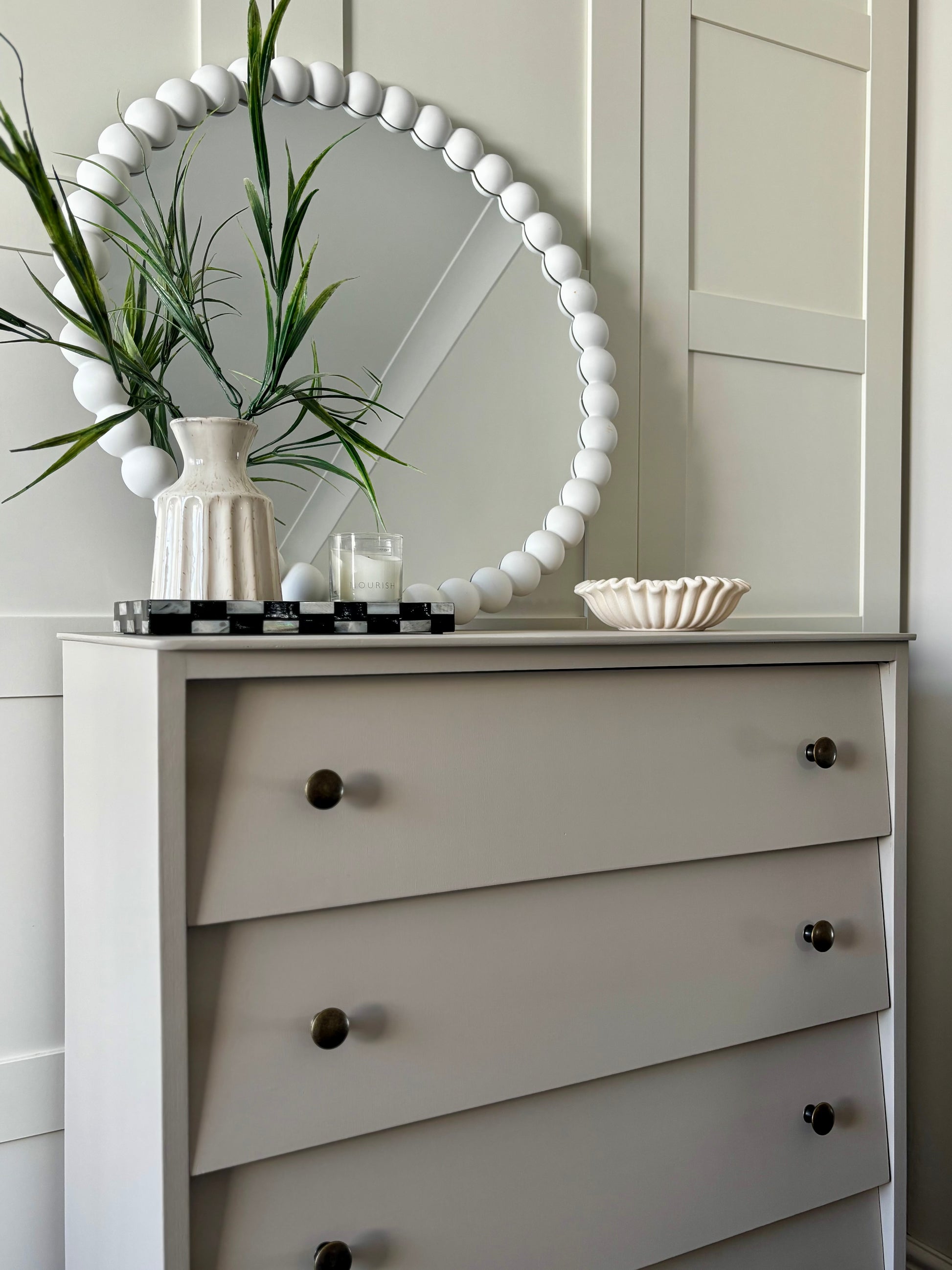 Neutral mid century tall chest of drawers. Upcycled vintage drawers. Neutral drawers with brass handles