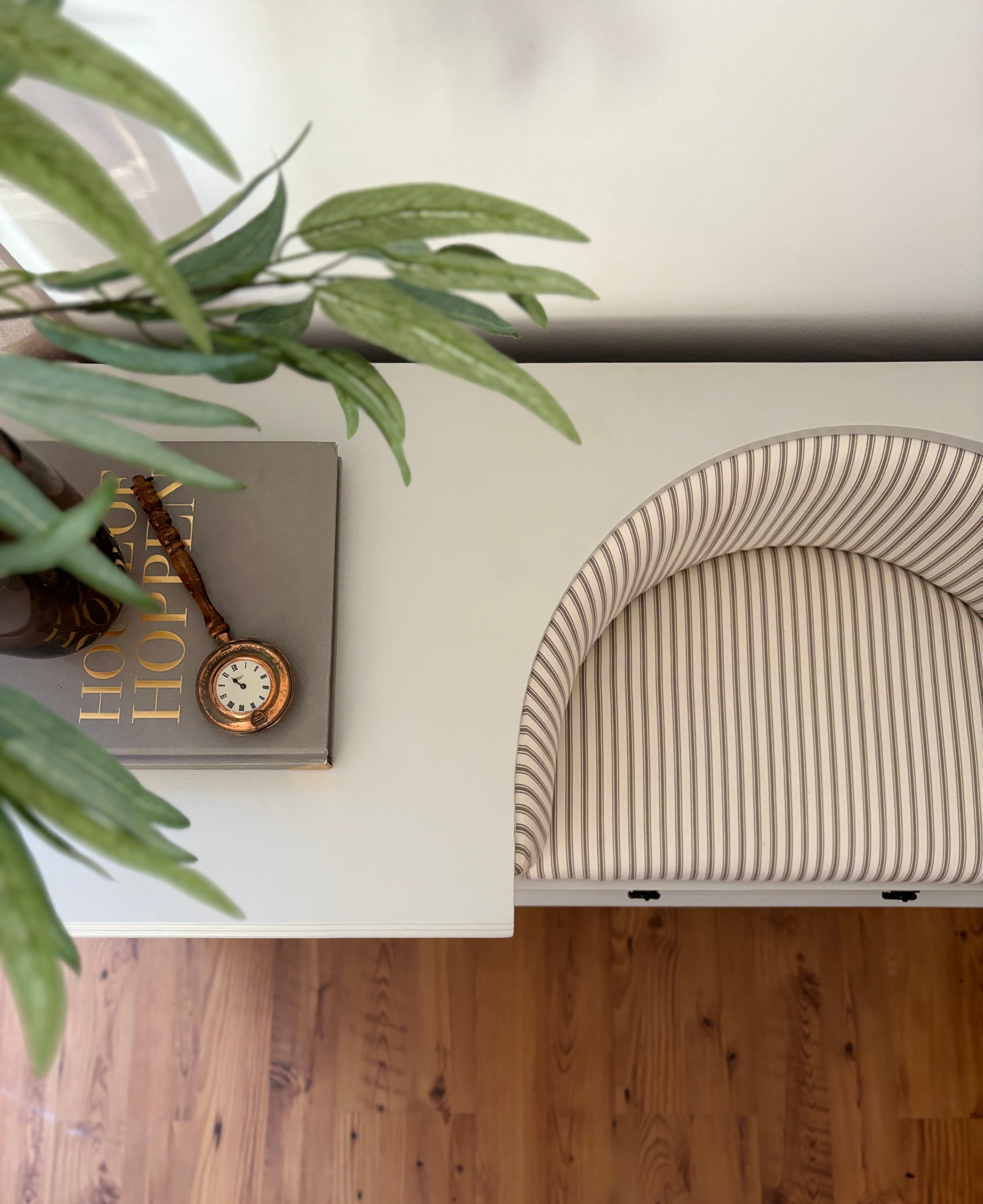 Grey telephone table, with striped fabric seat insert