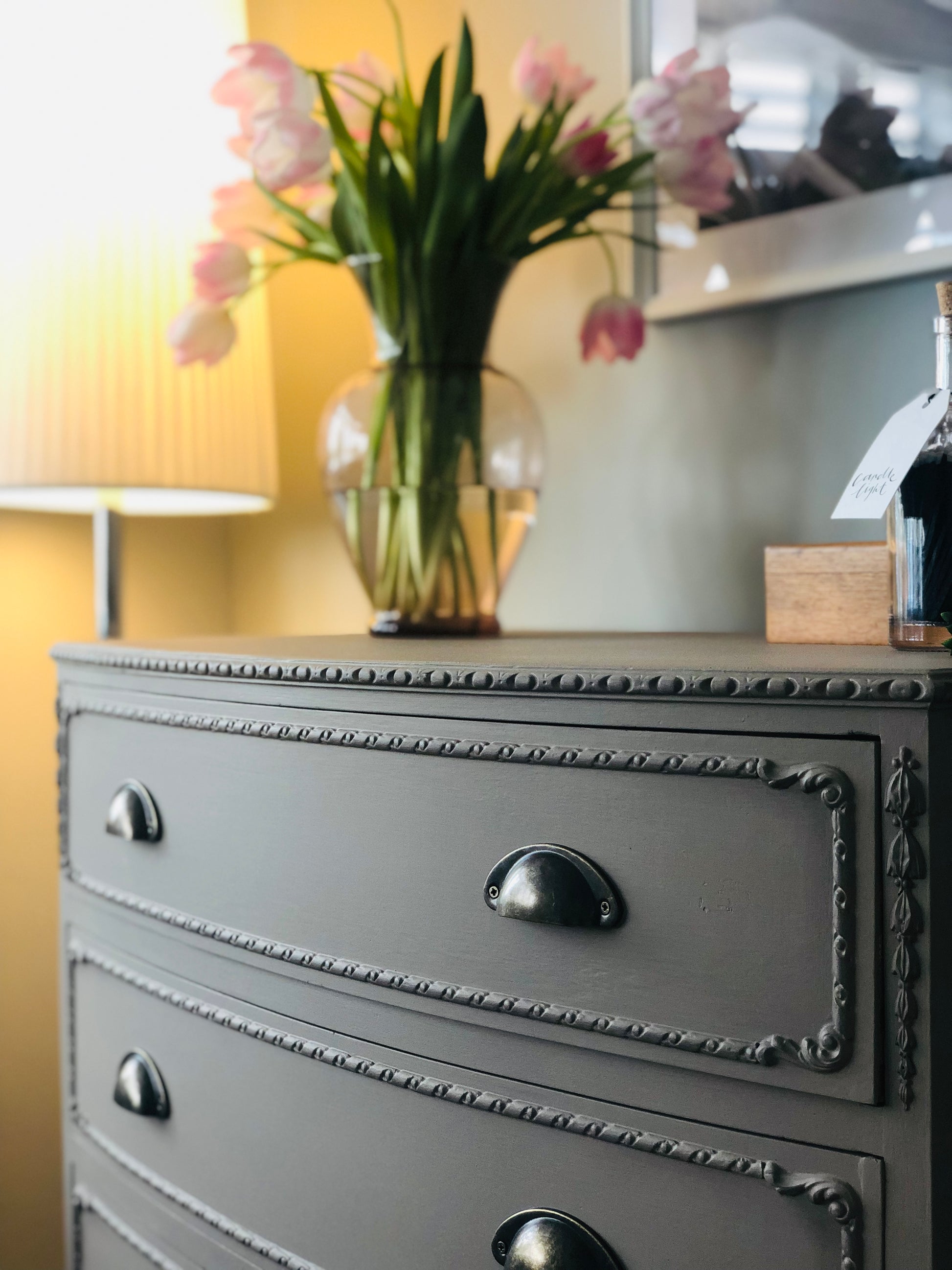 Queen Anne/French style neutral painted vintage chest of drawers with modern cup handles