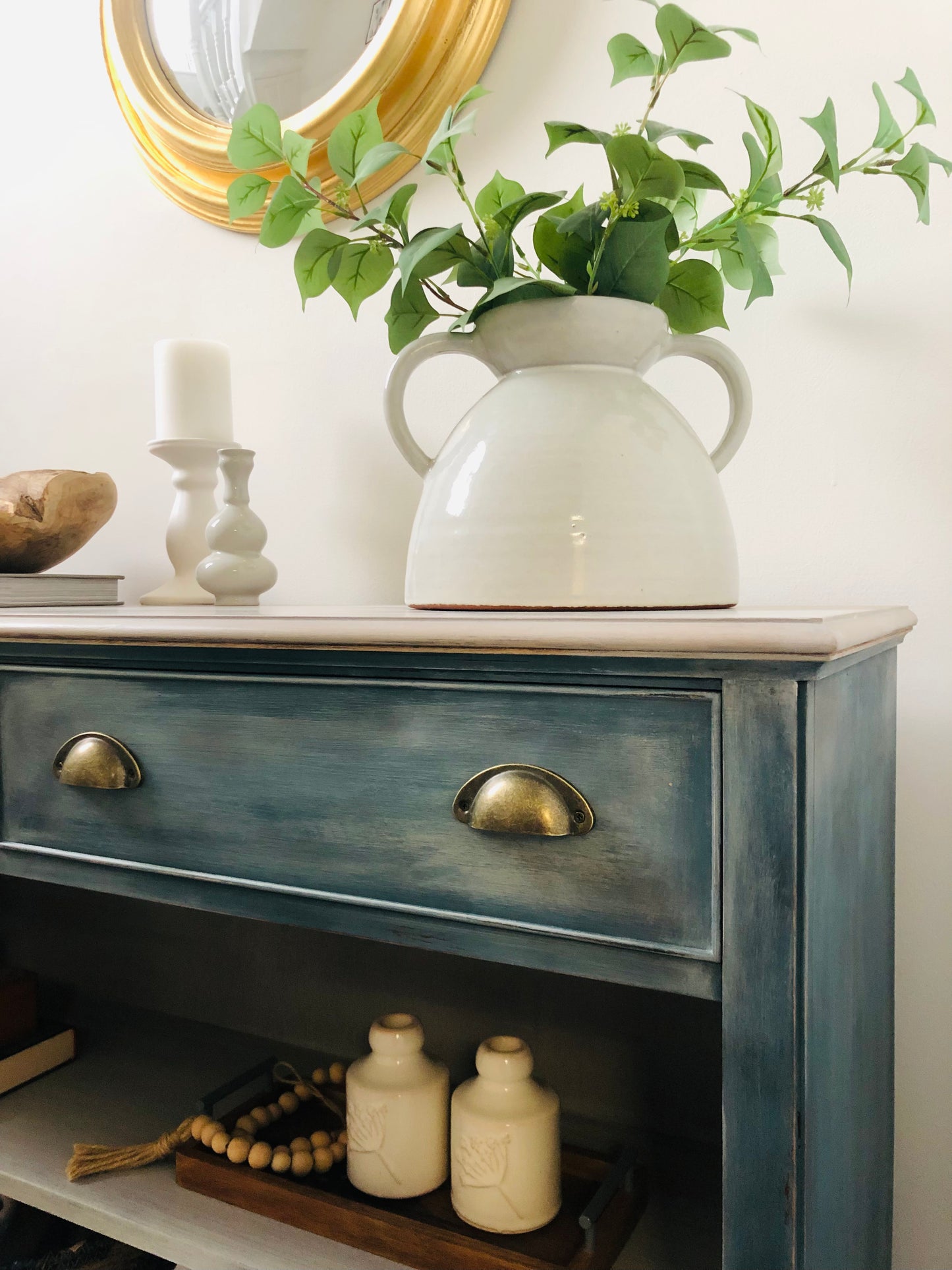 . Sideboard, Open Shelving And Two Drawers, Rustic Blue Paint Effect, Whitewashed Wood Top