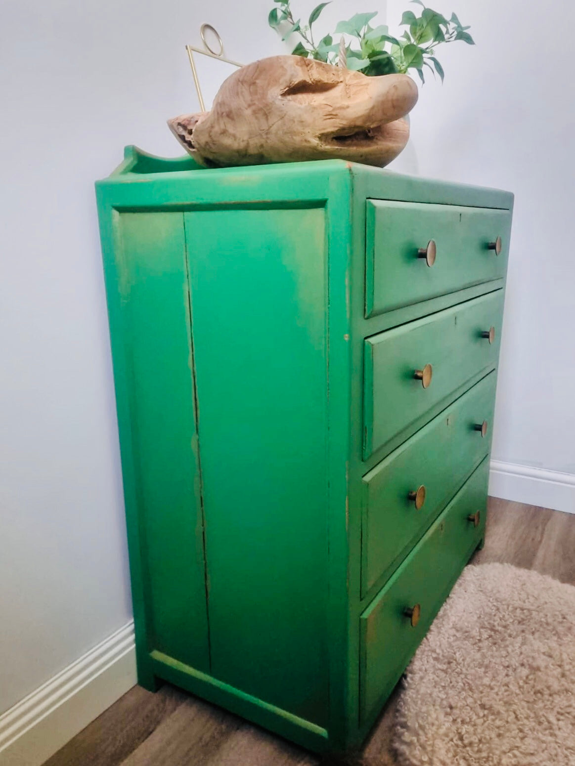 . Chest Of Drawers, Green Painted Vintage, Distressed And Gold Detail