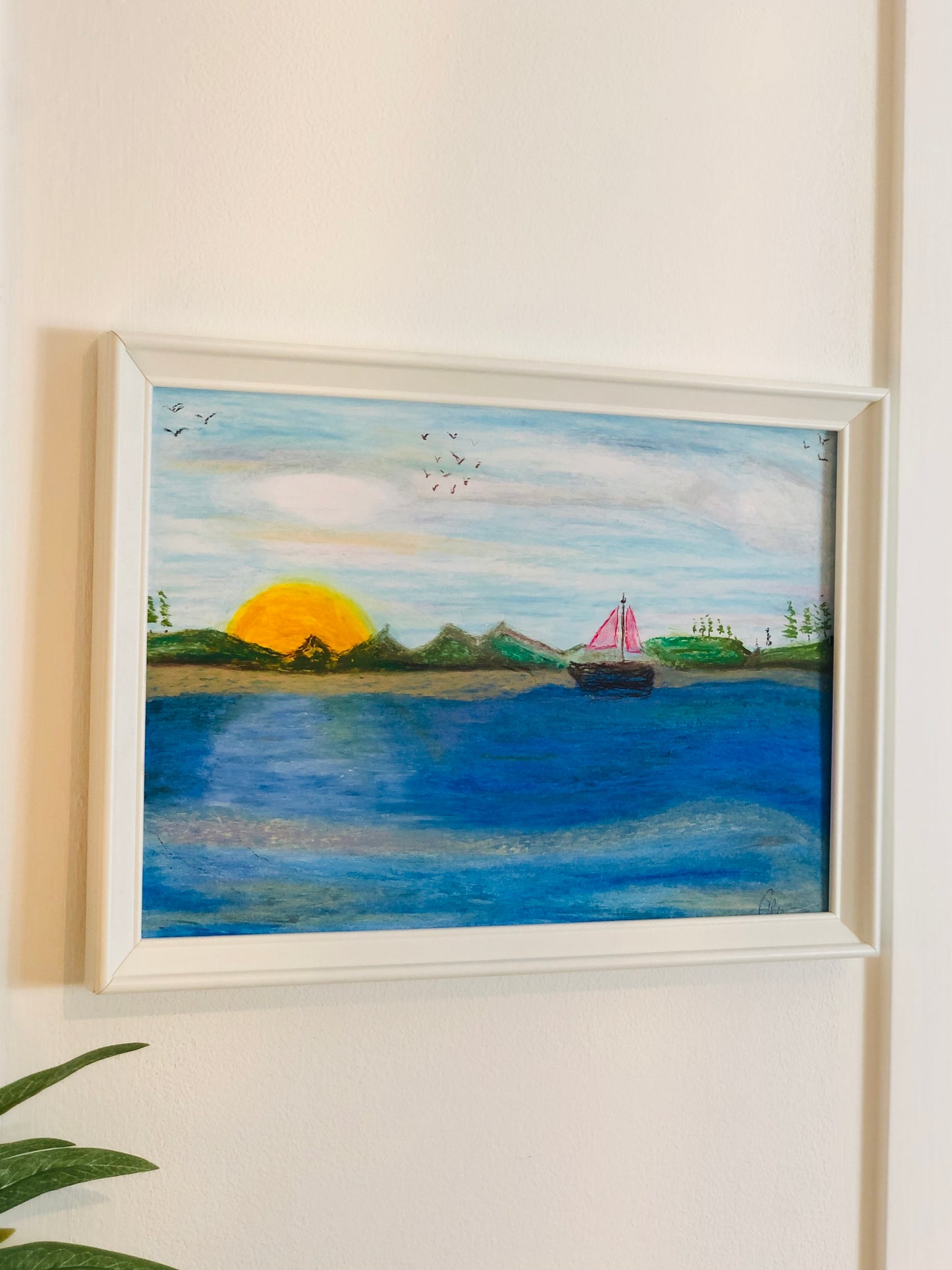 Land And Sea, A4 Unframed Original Oil Pastel Painting