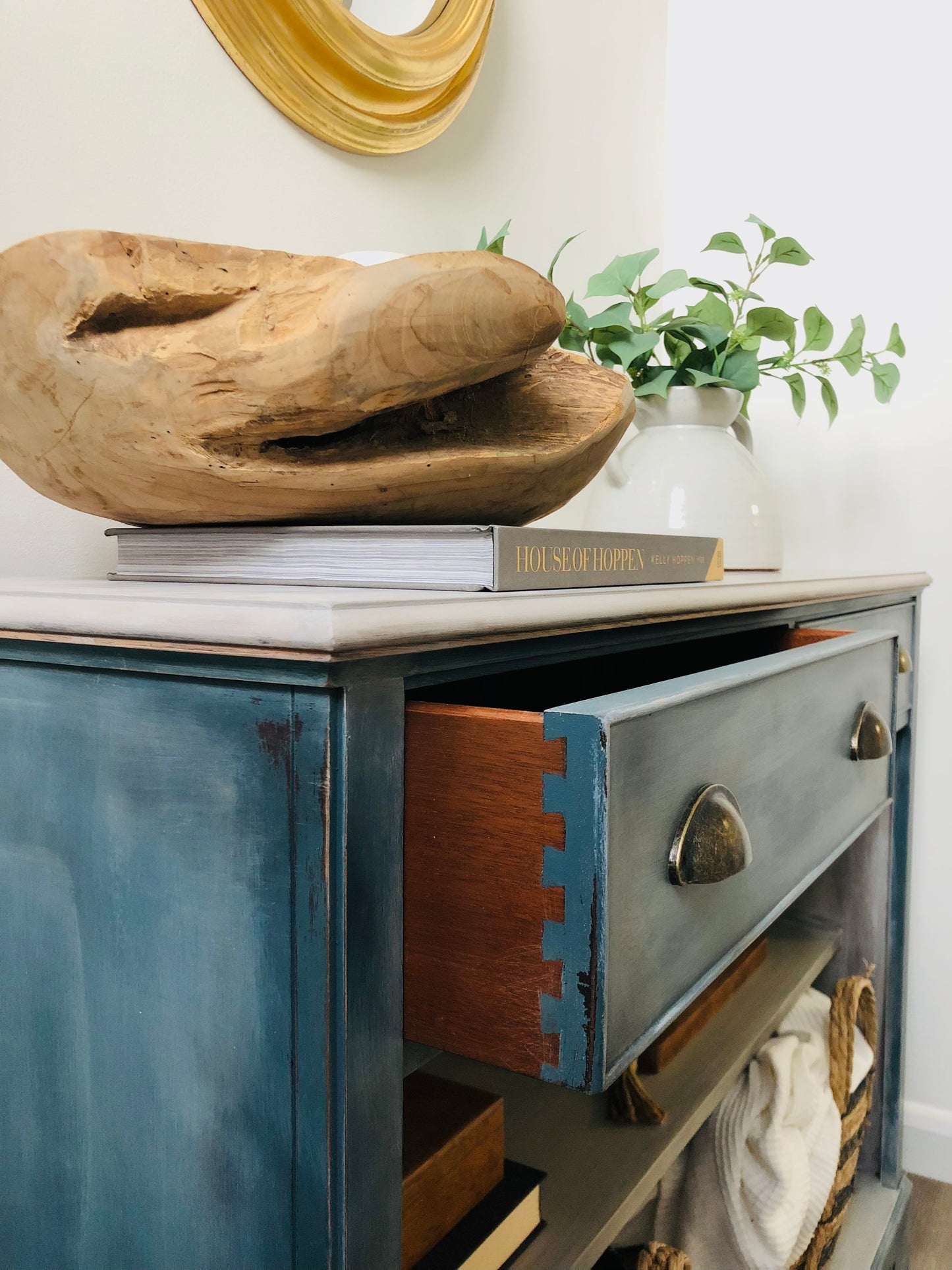 . Sideboard, Open Shelving And Two Drawers, Rustic Blue Paint Effect, Whitewashed Wood Top