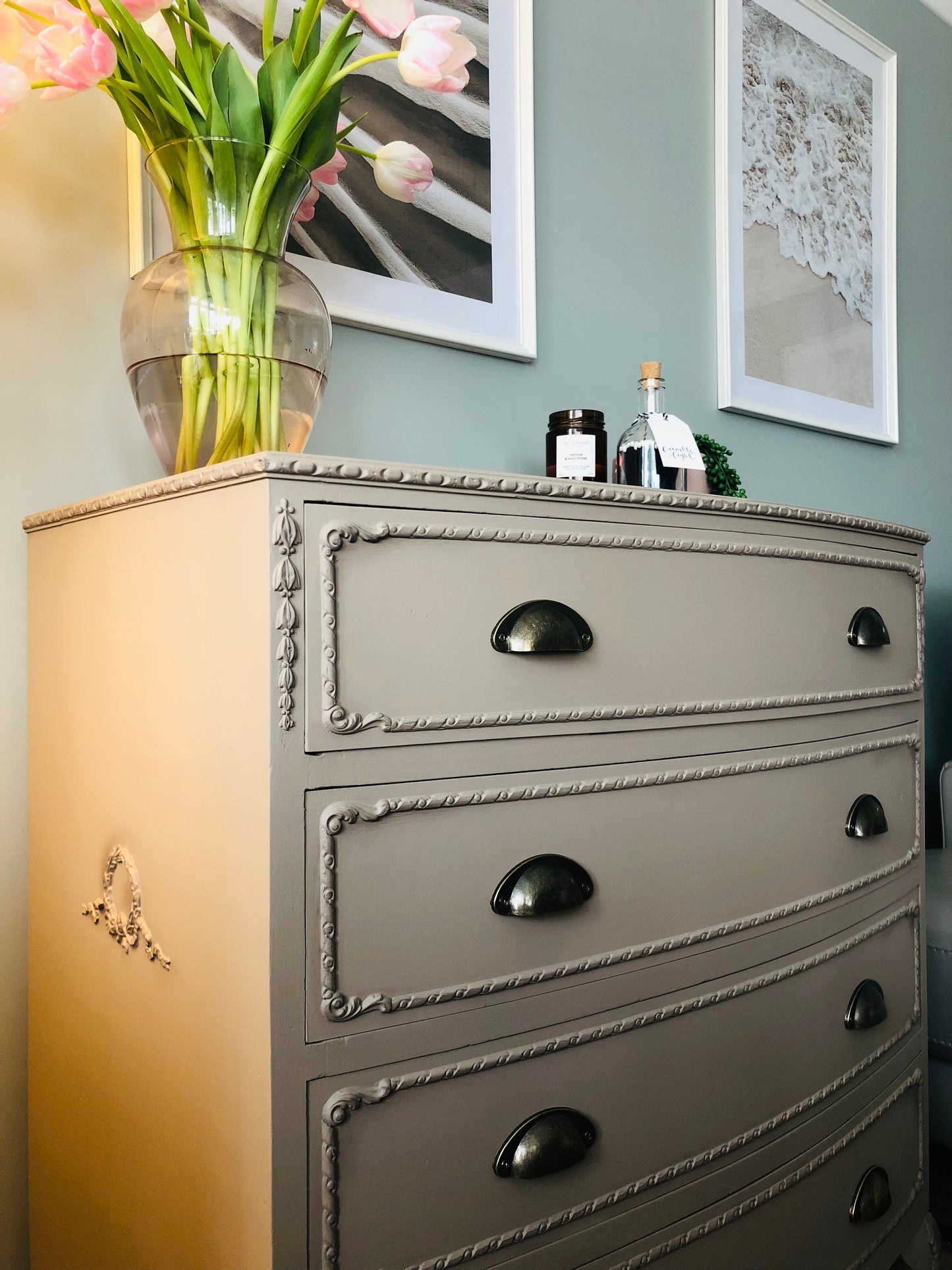 Queen Anne/French style neutral painted vintage chest of drawers with modern cup handles