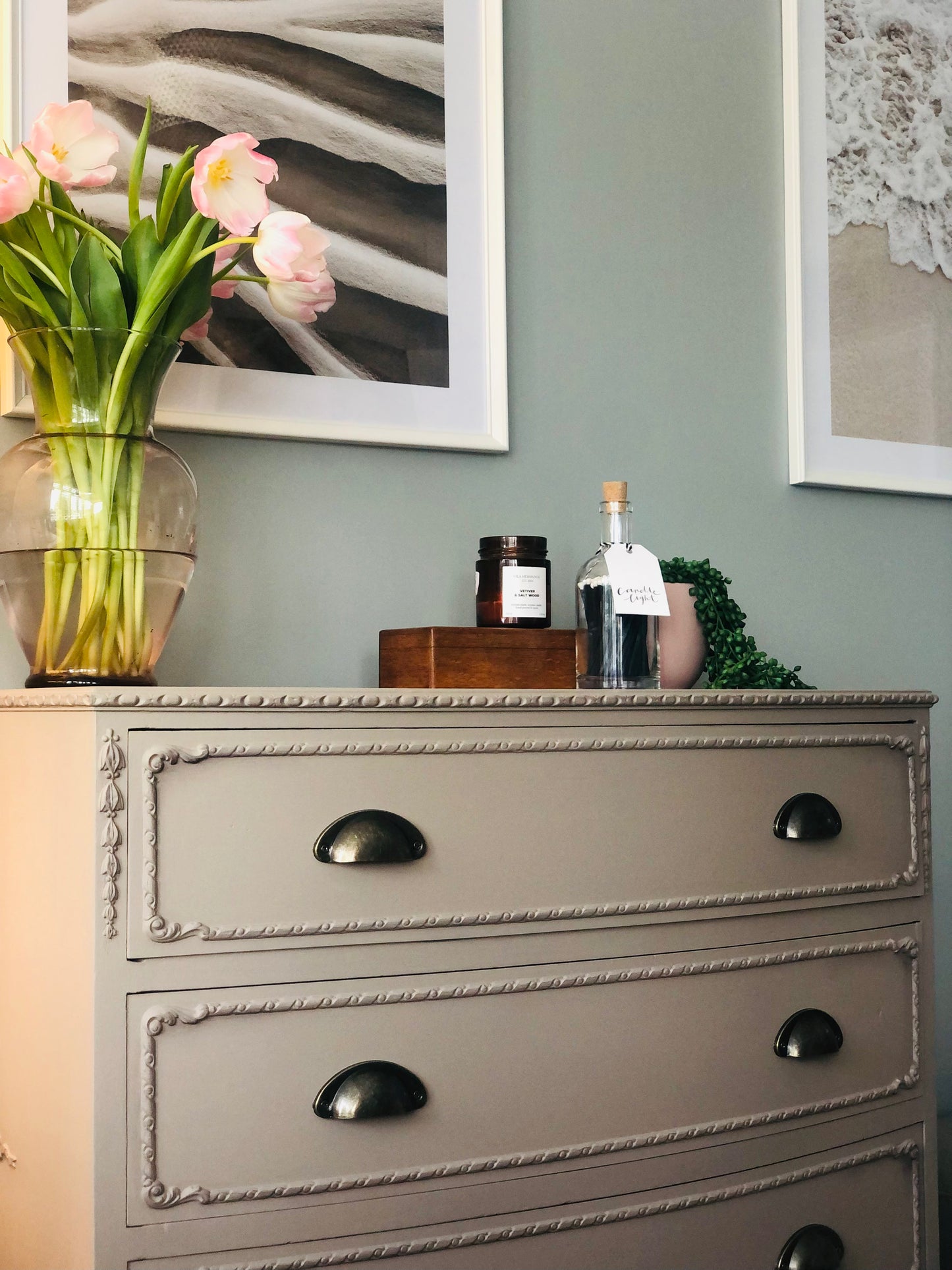 Queen Anne/French style neutral painted vintage chest of drawers with modern cup handles