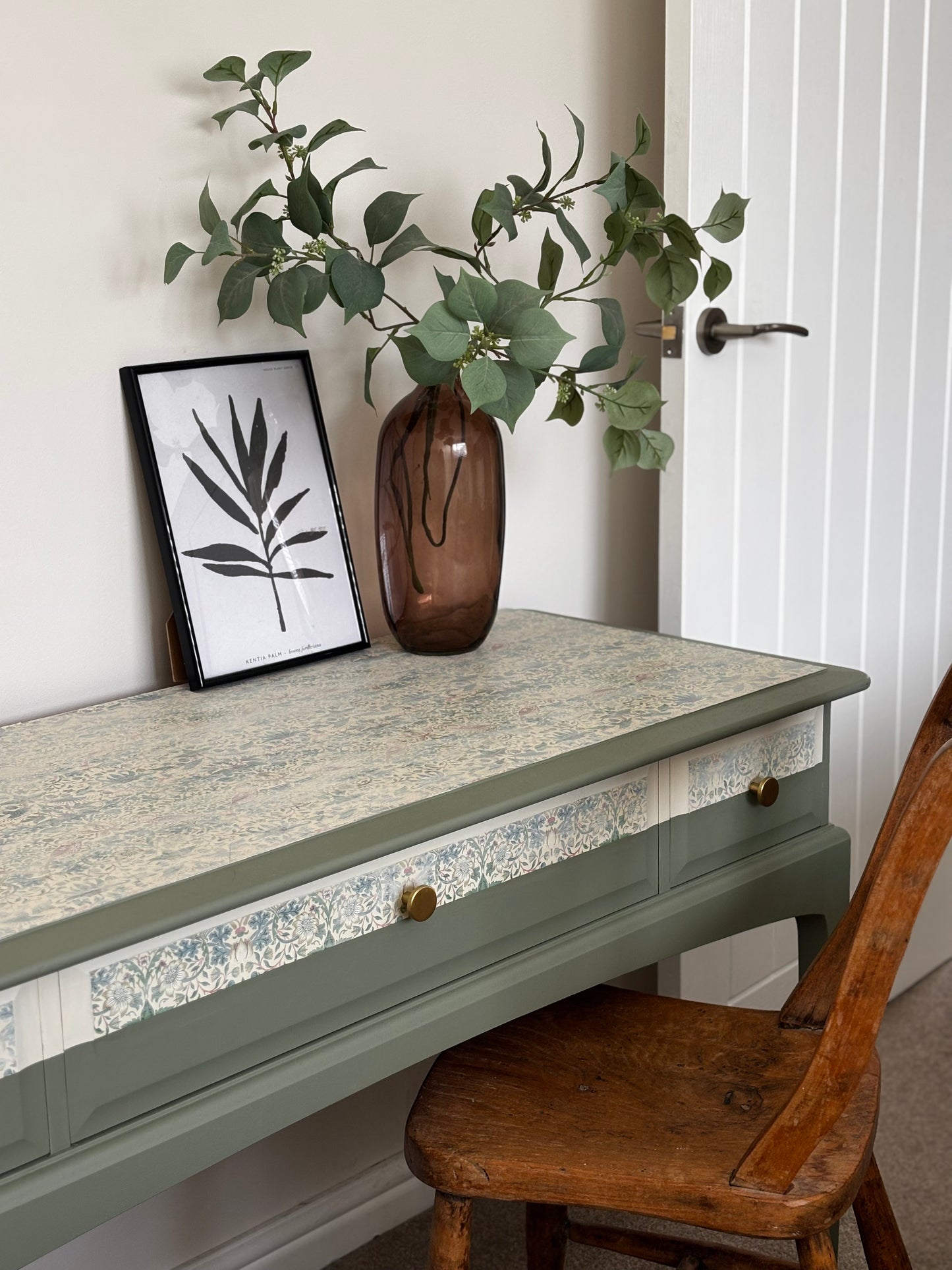 Painted Vintage Stag Console Table, Green With William Morris Design