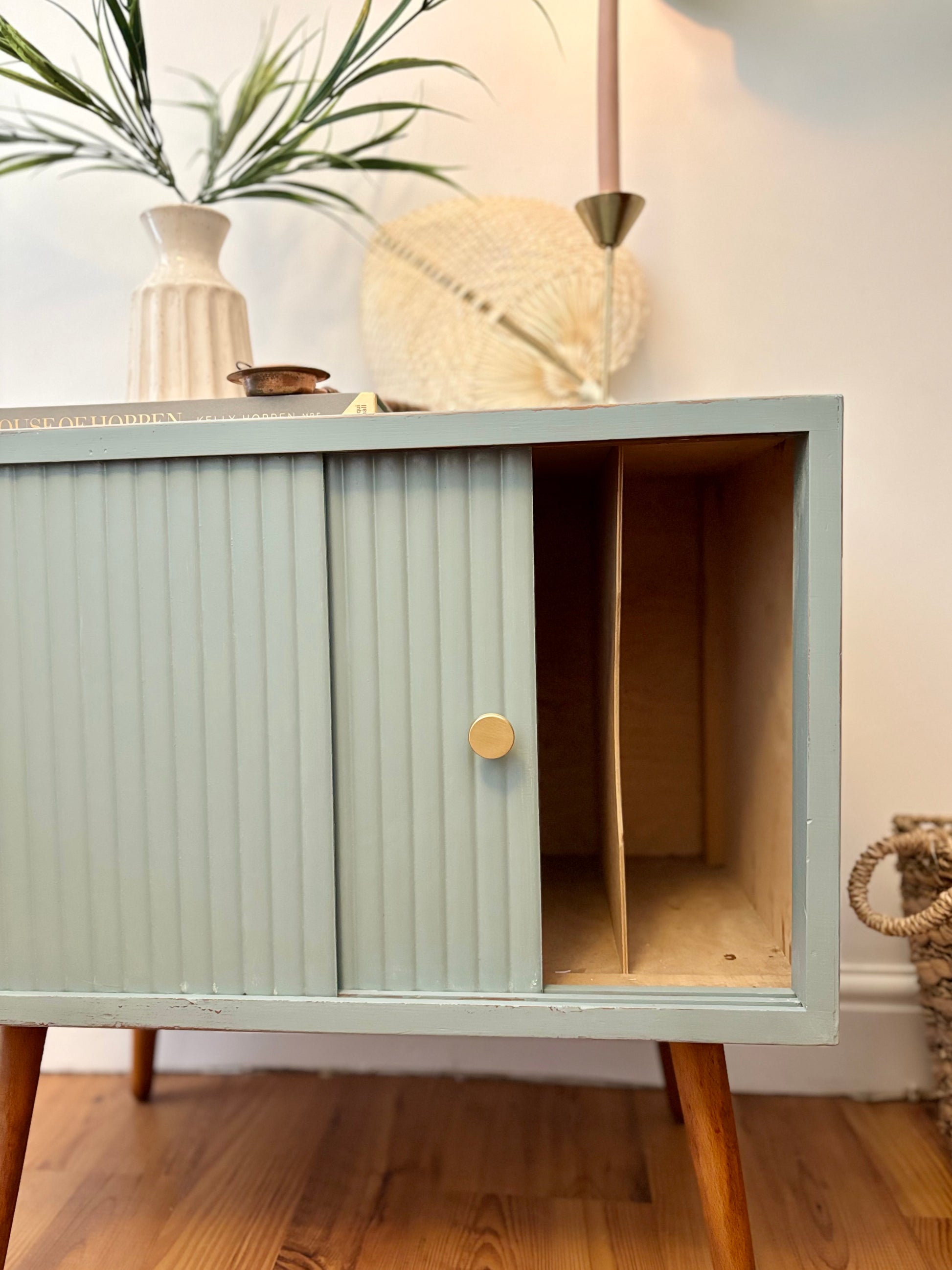 Record Cabinet, Blue With Reeded Detail