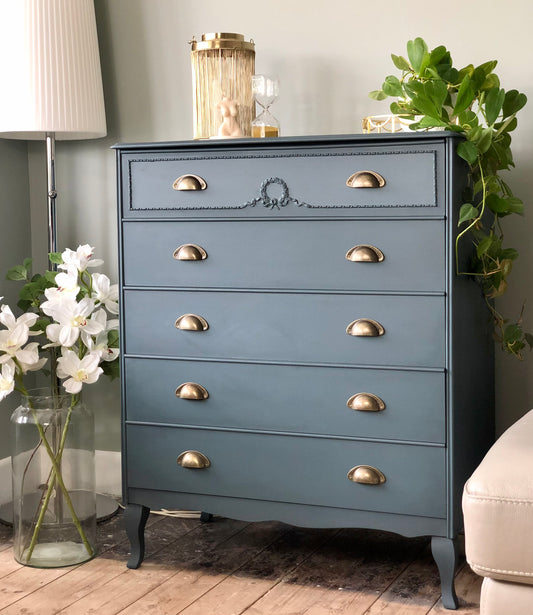 French Style Chest Of Drawers, Vintage, Painted Blue