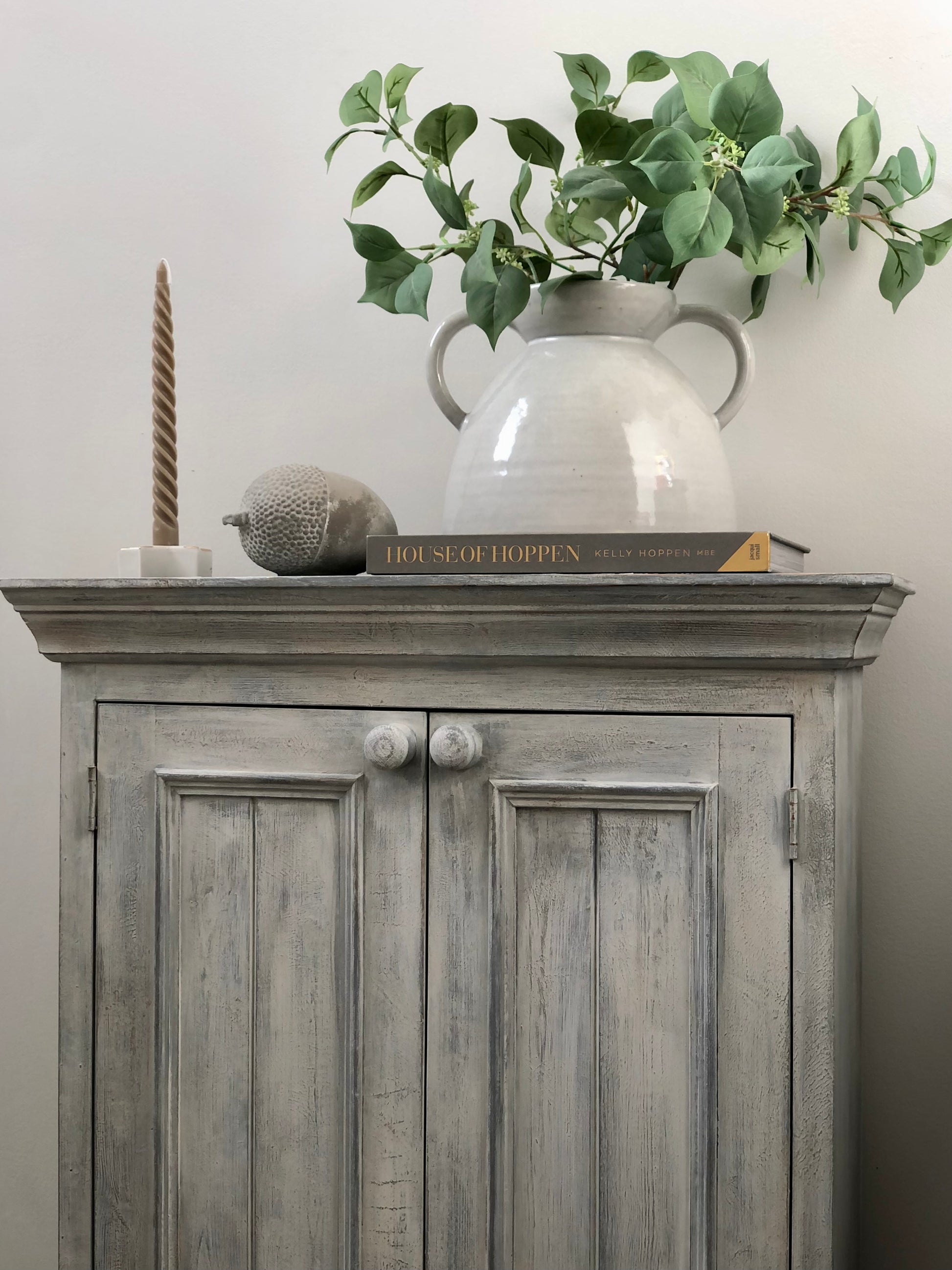 weathered and rustic vintage pine cabinet  