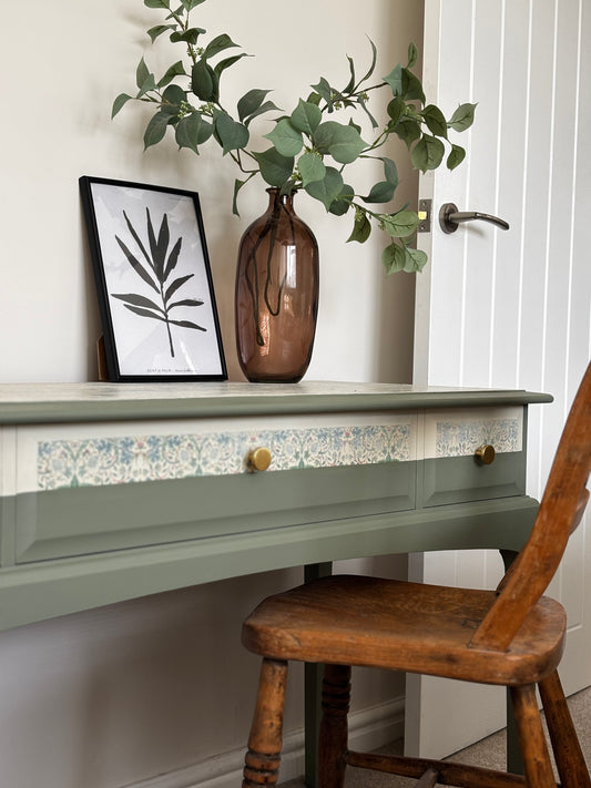 Painted Vintage Stag Console Table, Green With William Morris Design