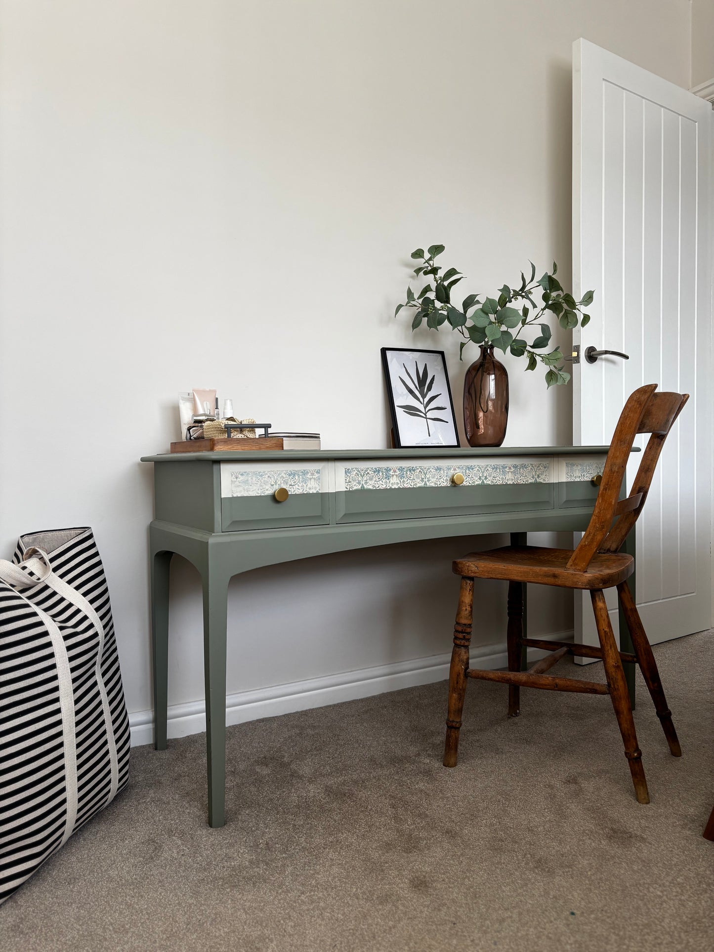 Painted Vintage Stag Console Table, Green With William Morris Design