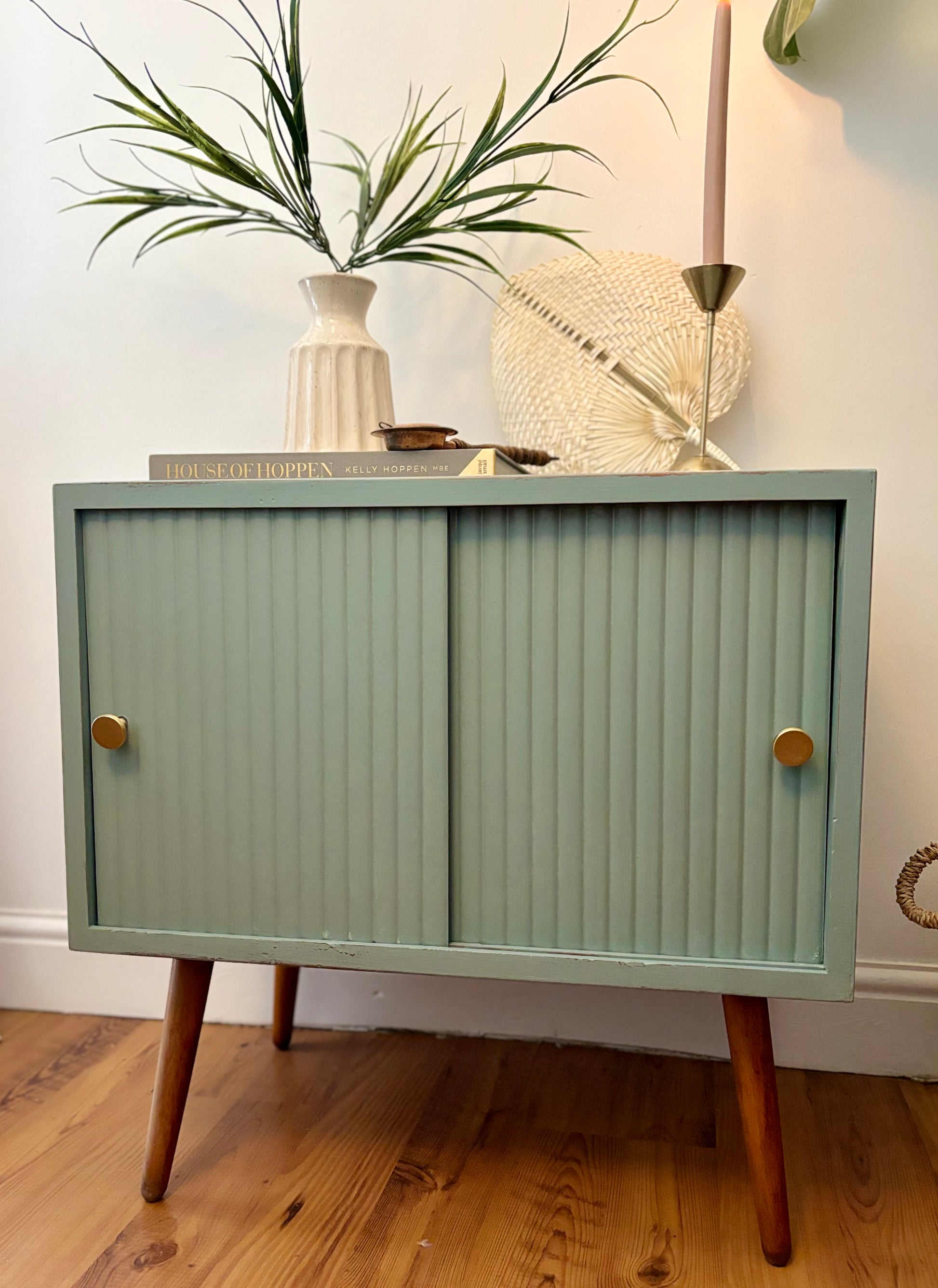 Record Cabinet, Blue With Reeded Detail