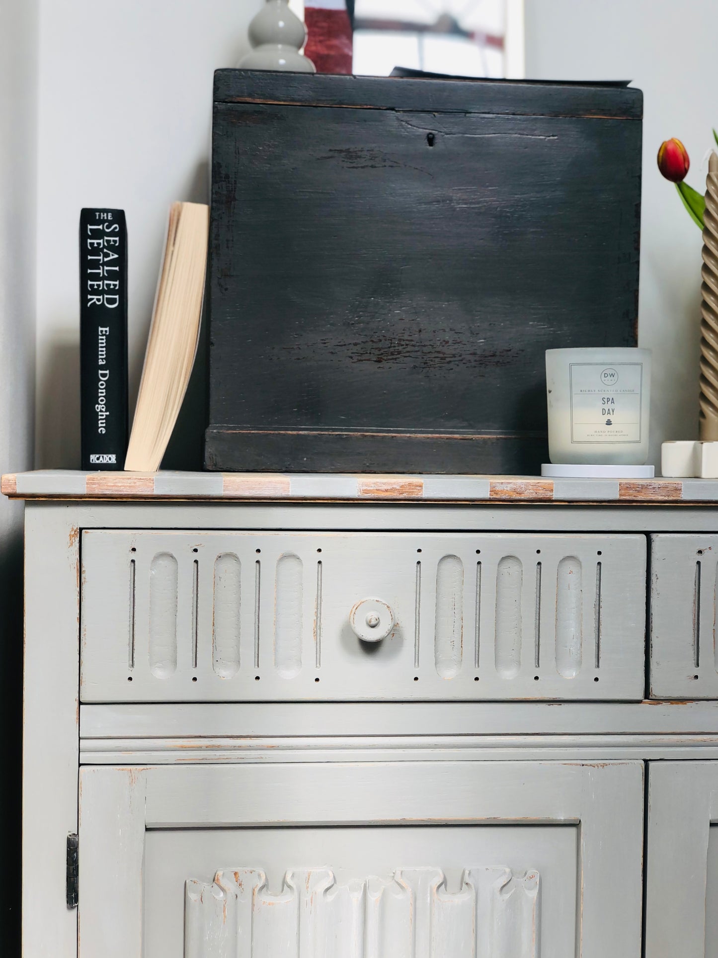 . Cabinet, Vintage Painted Grey Sideboard, With Stripes