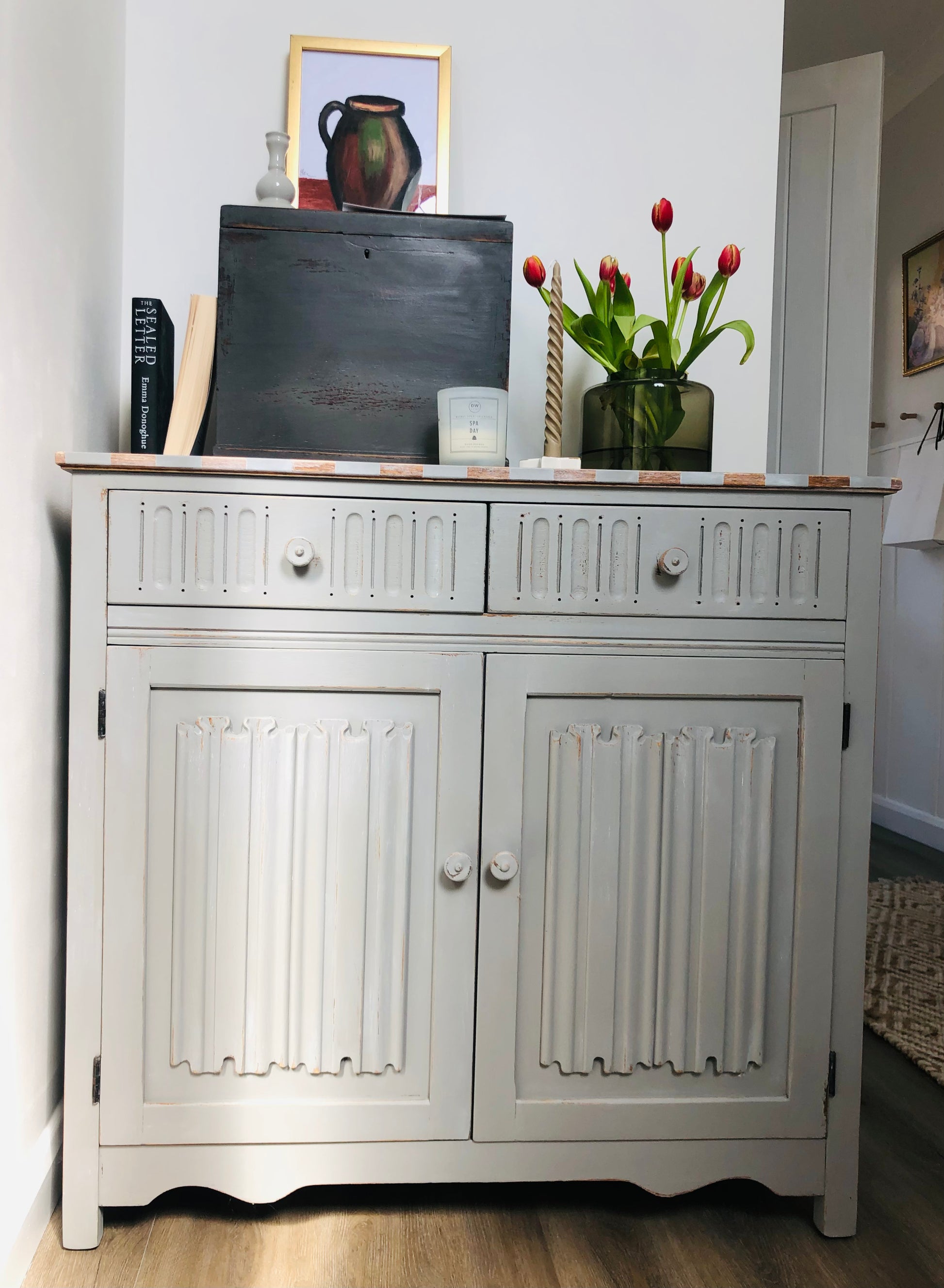 Cabinet Vintage Painted Grey Sideboard With Stripes