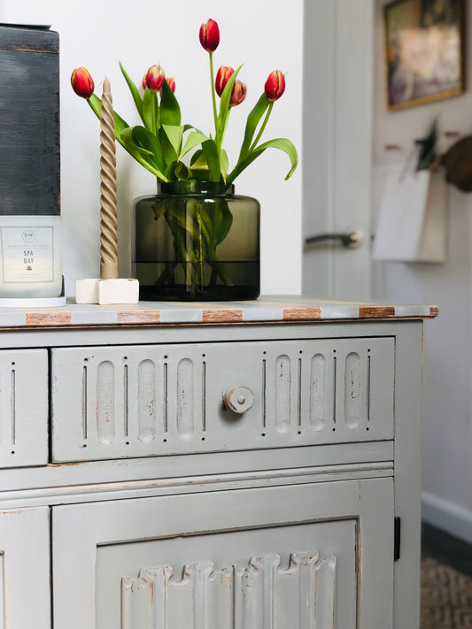 . Cabinet, Vintage Painted Grey Sideboard, With Stripes
