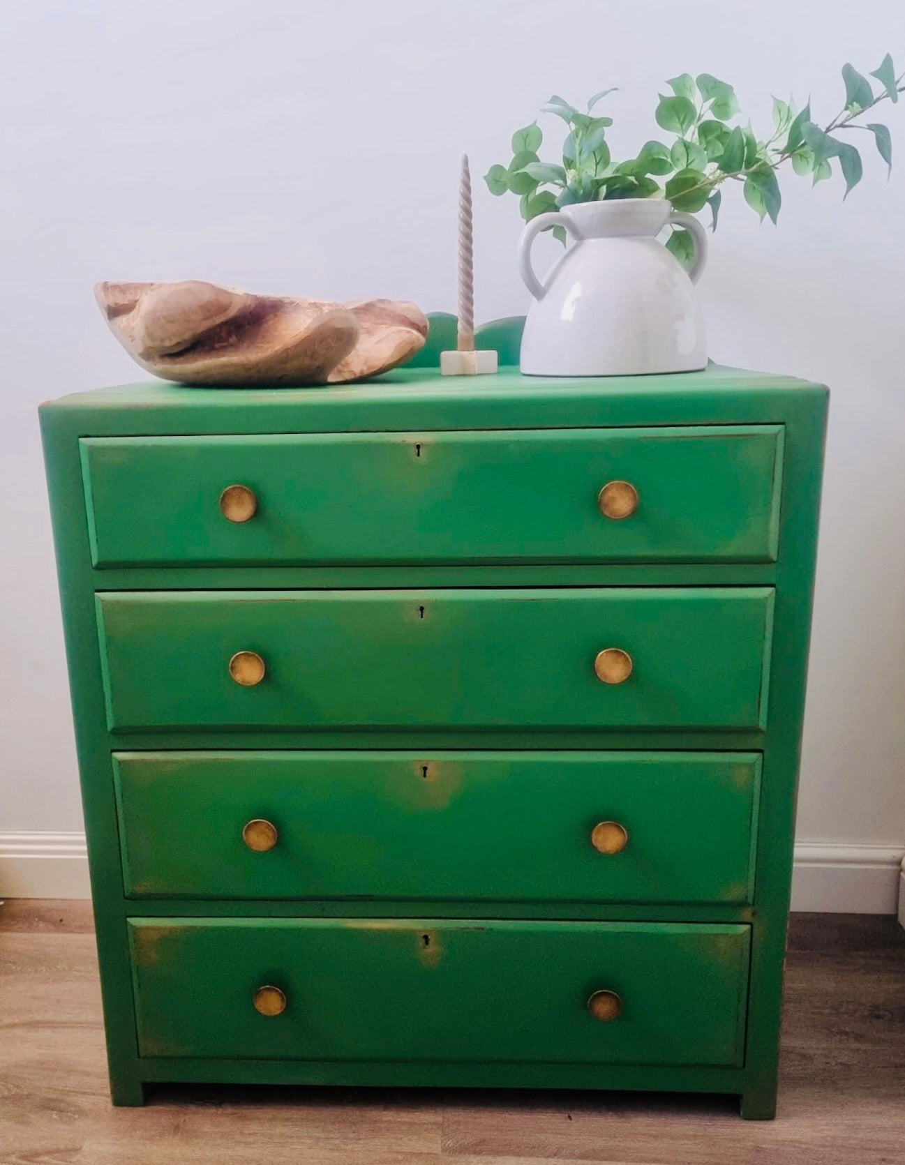 . Chest Of Drawers, Green Painted Vintage, Distressed And Gold Detail