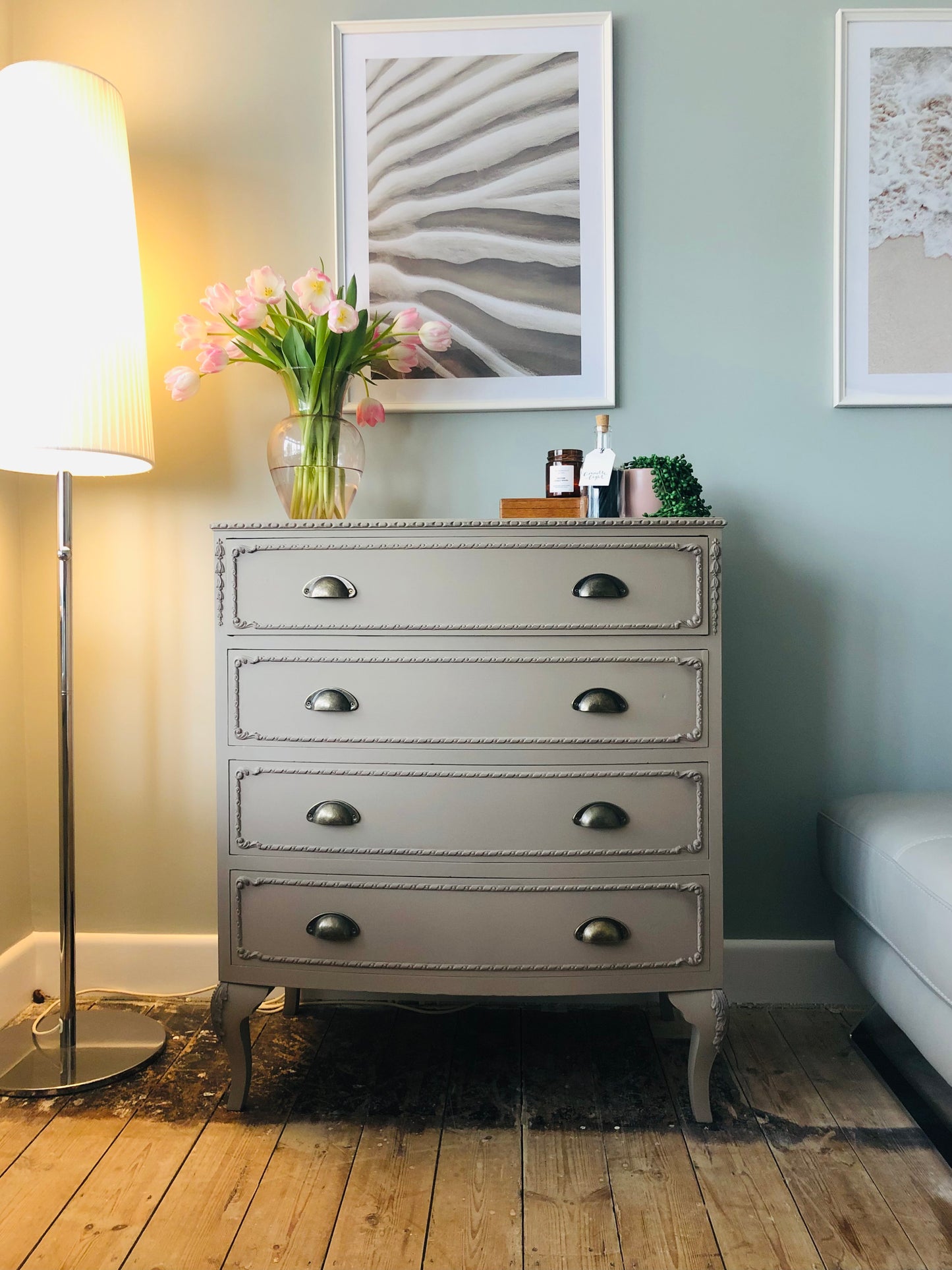 Queen Anne/French style neutral painted vintage chest of drawers with modern cup handles