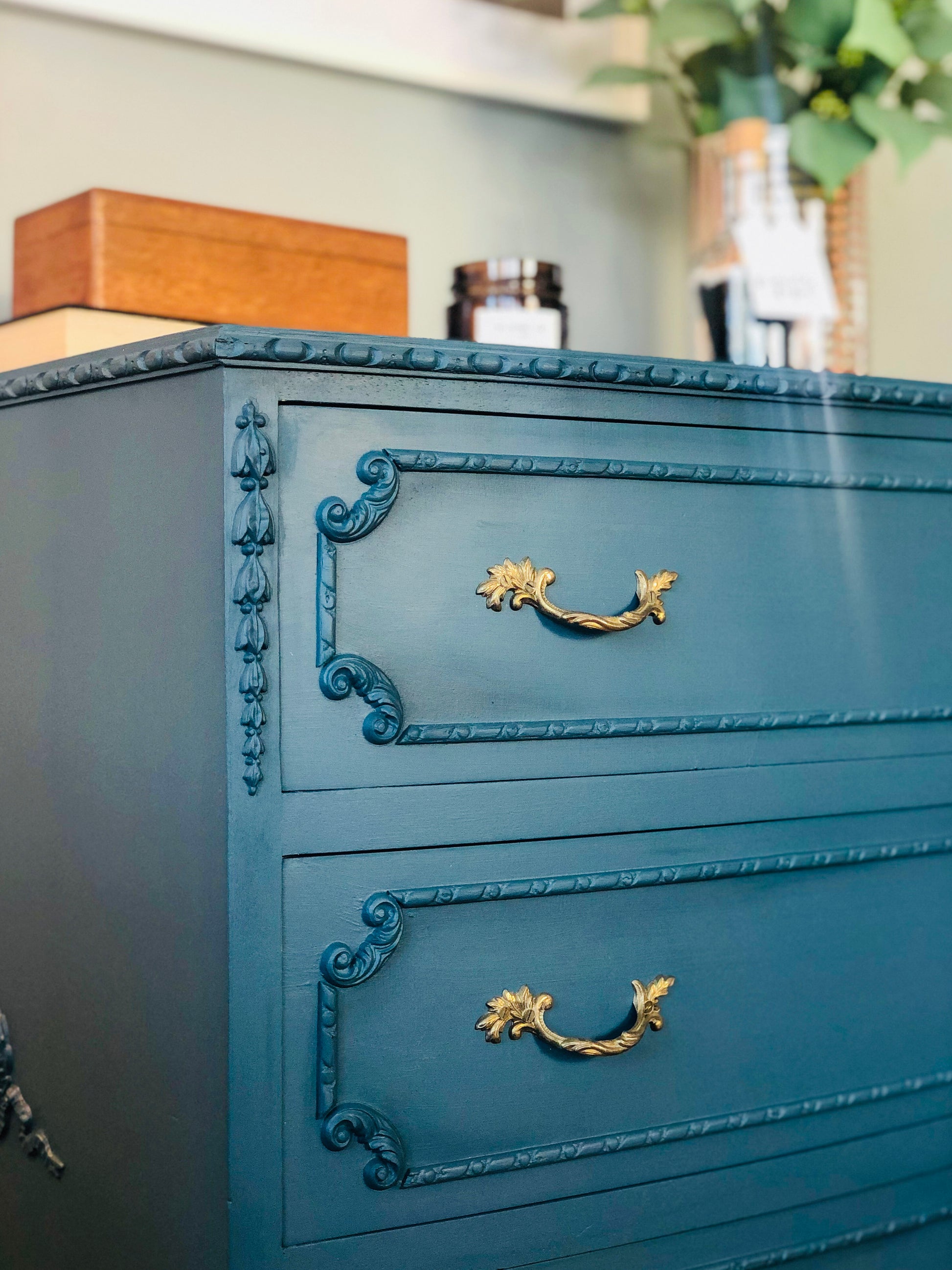 French style, blue painted vintage chest of drawers with original gold effect pulls
