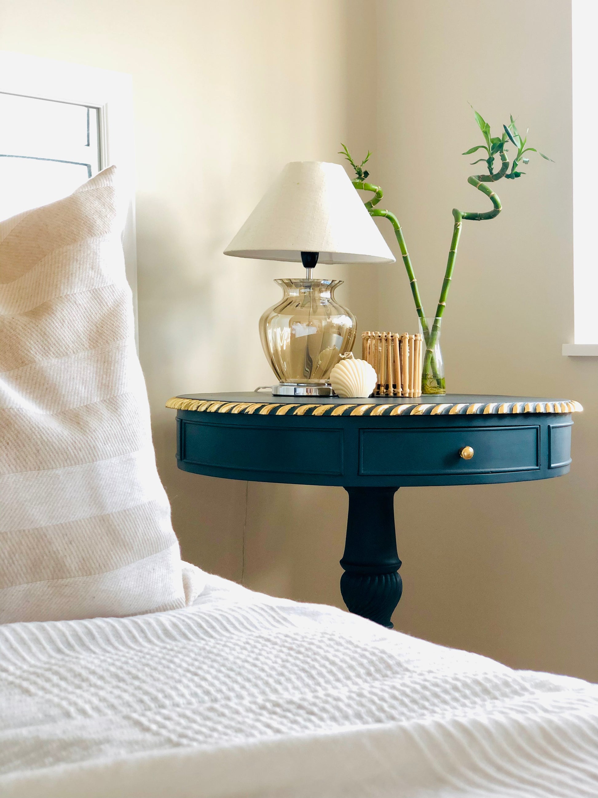 Blue hand painted vintage drum table with gold leaf detail