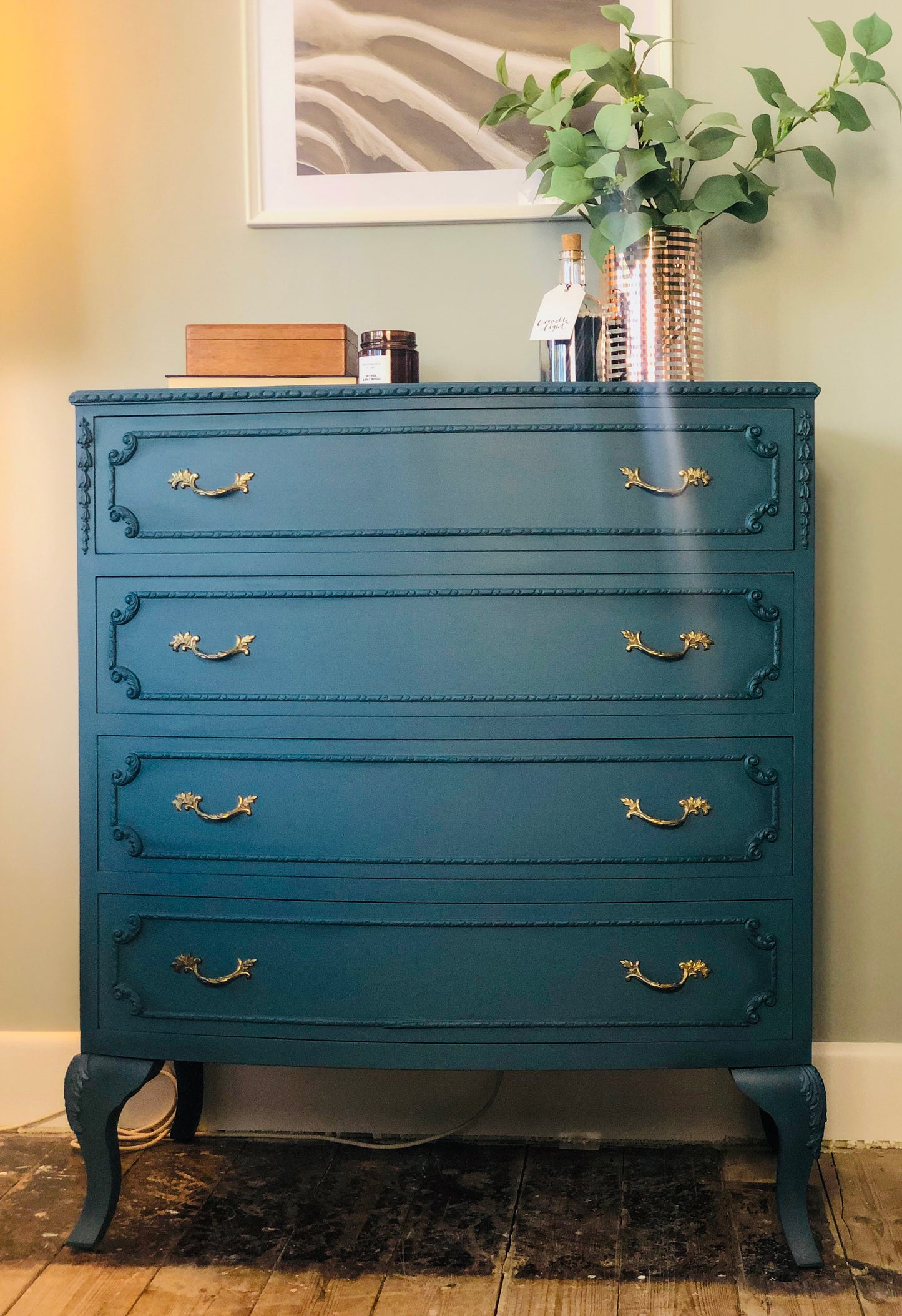 French style, blue painted vintage chest of drawers with original gold effect pulls