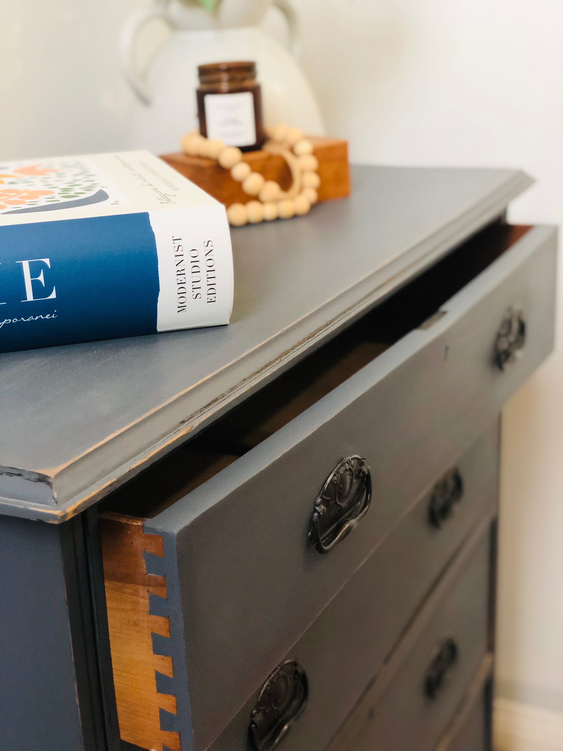 Vintage solid wood chest of drawers, painted dark grey, with distressed detail, rustic style furniture