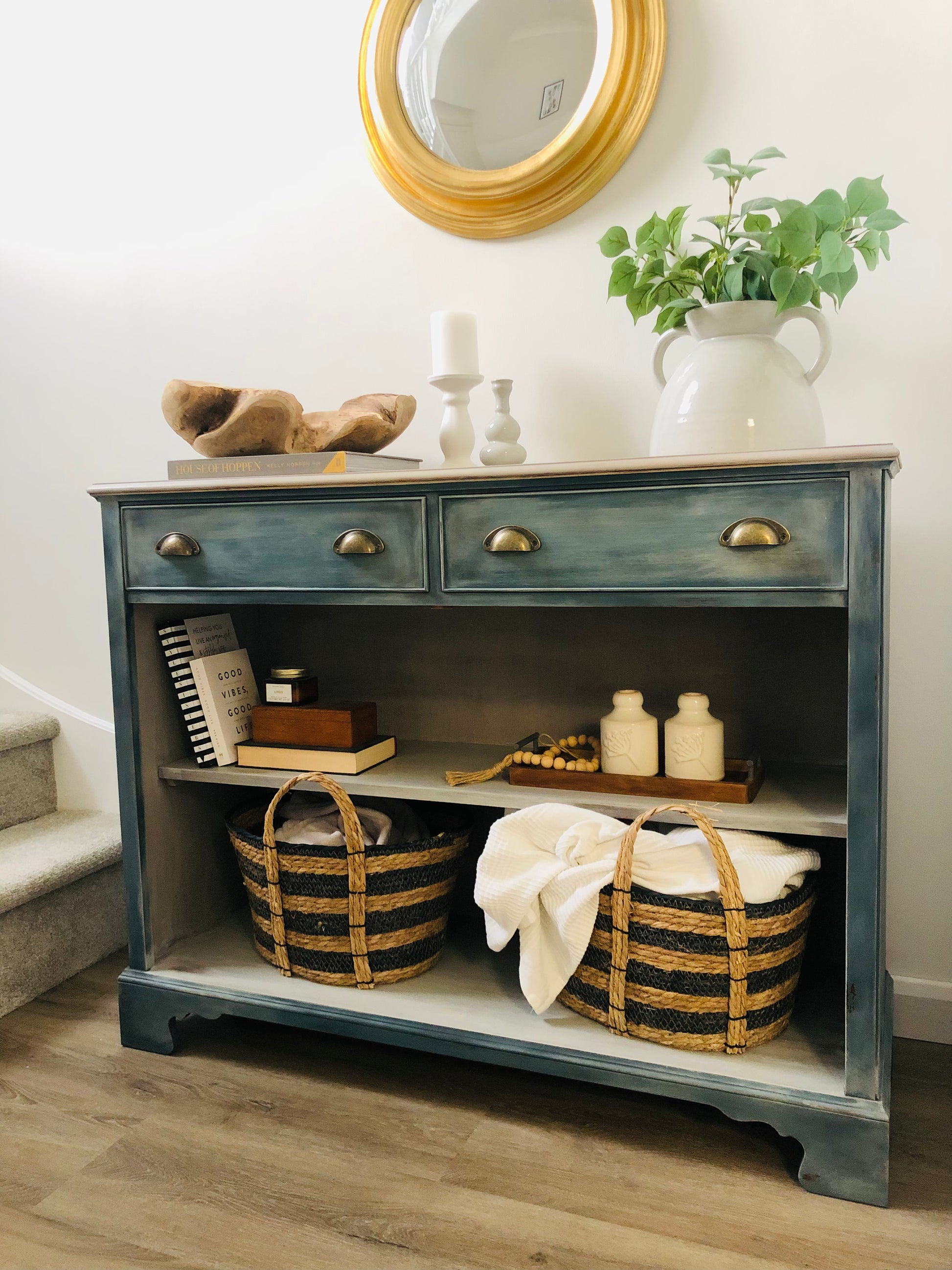 Sideboard Open Shelving And Two Drawers Rustic Blue Paint Effect