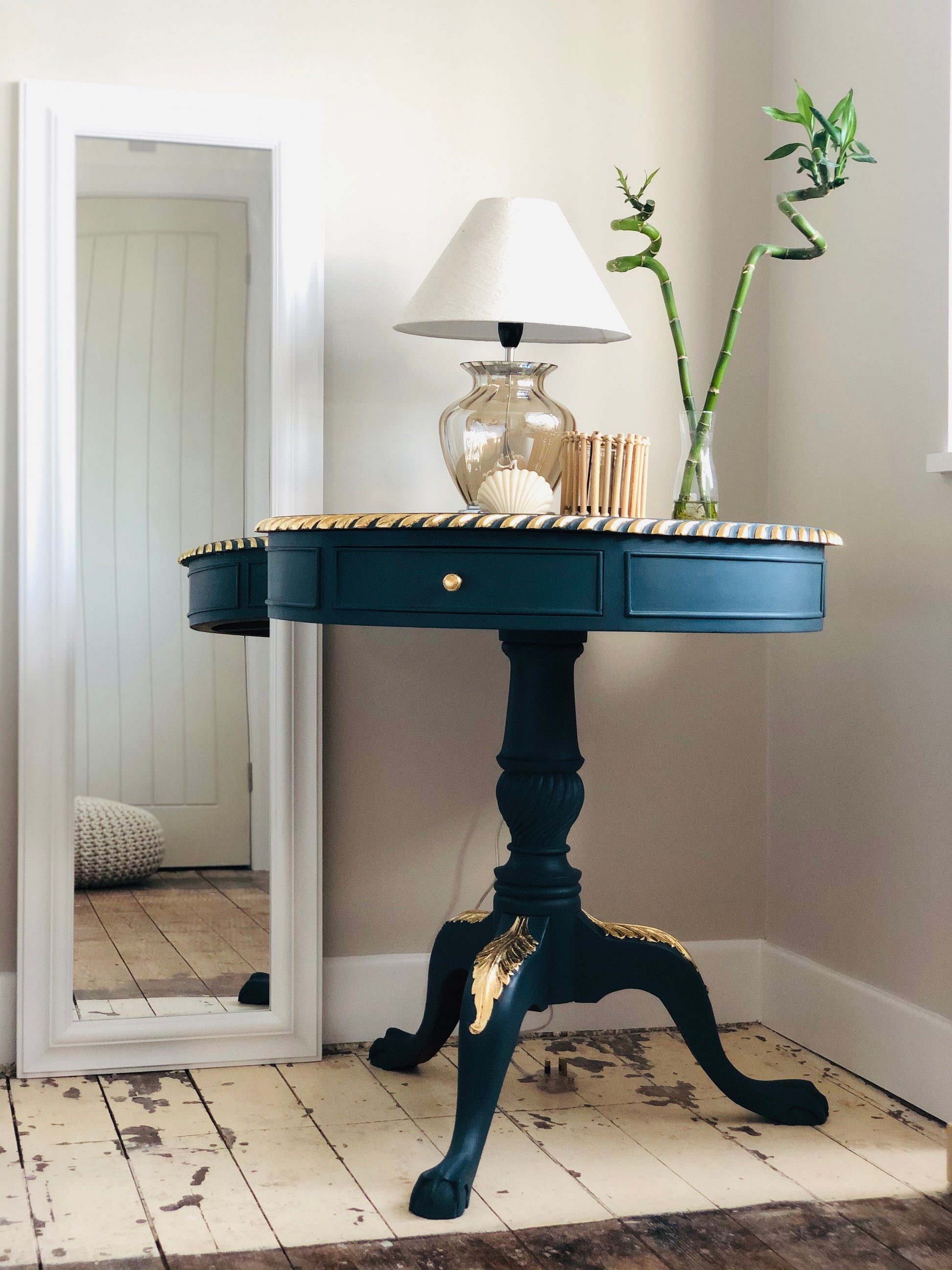 Blue hand painted vintage drum table with gold leaf detail