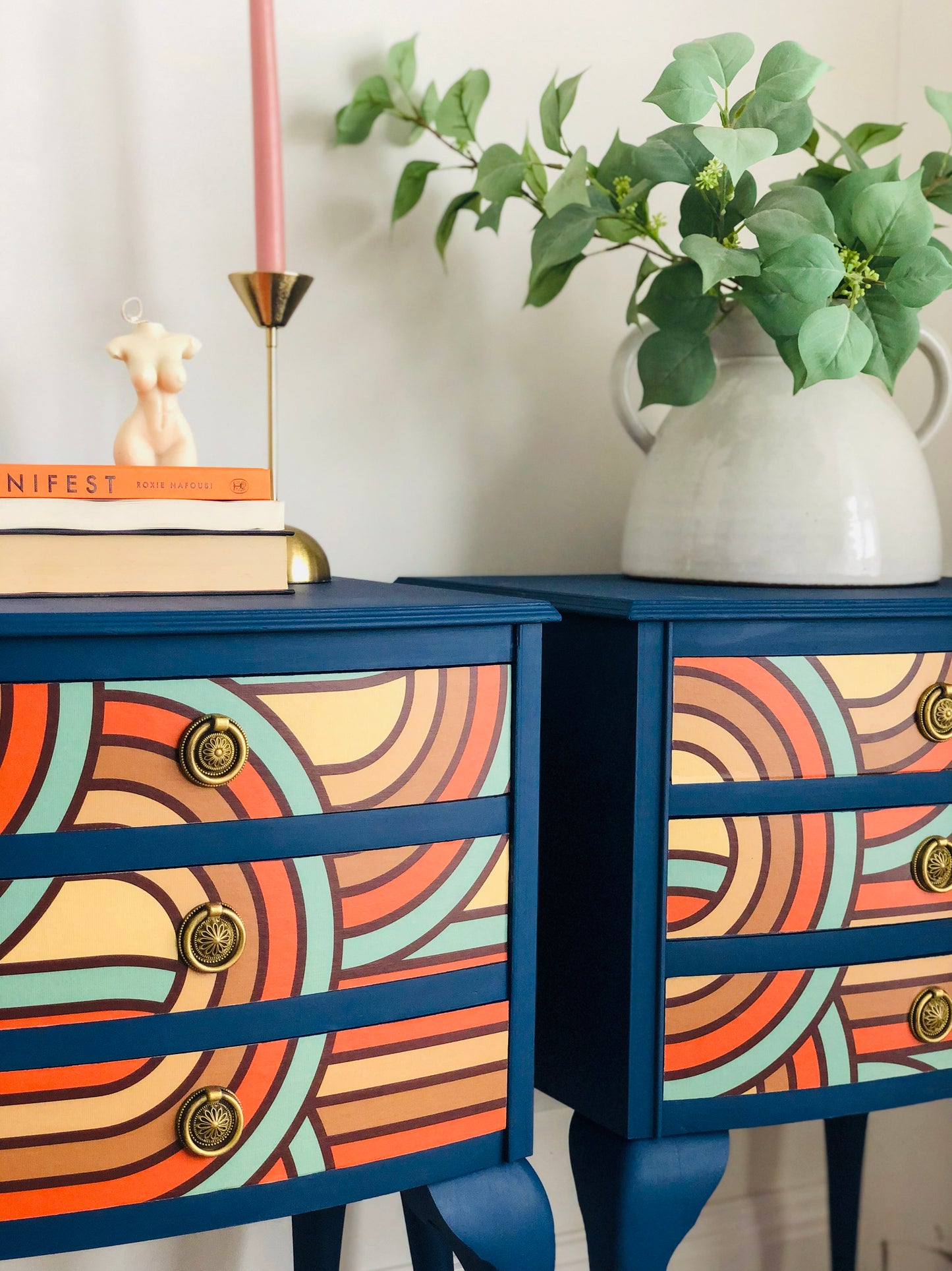 . Bedside Tables, French Style, Painted Blue With Retro Paper Detail