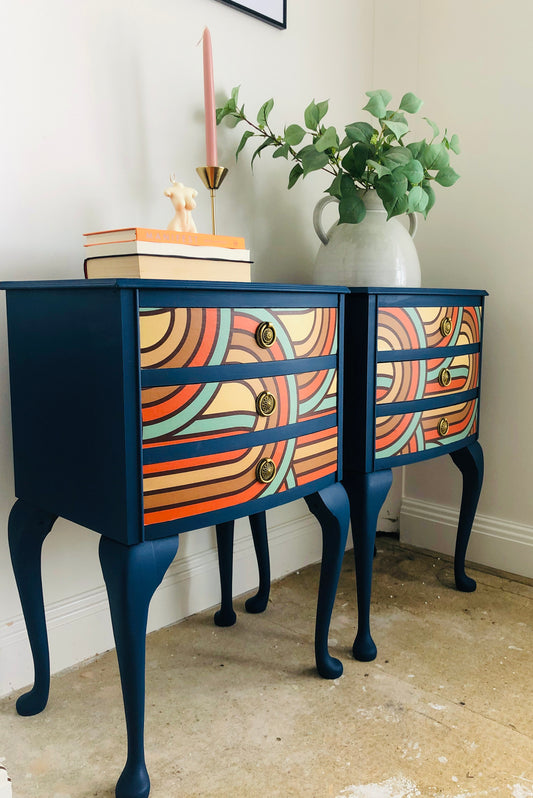 . Bedside Tables, French Style, Painted Blue With Retro Paper Detail