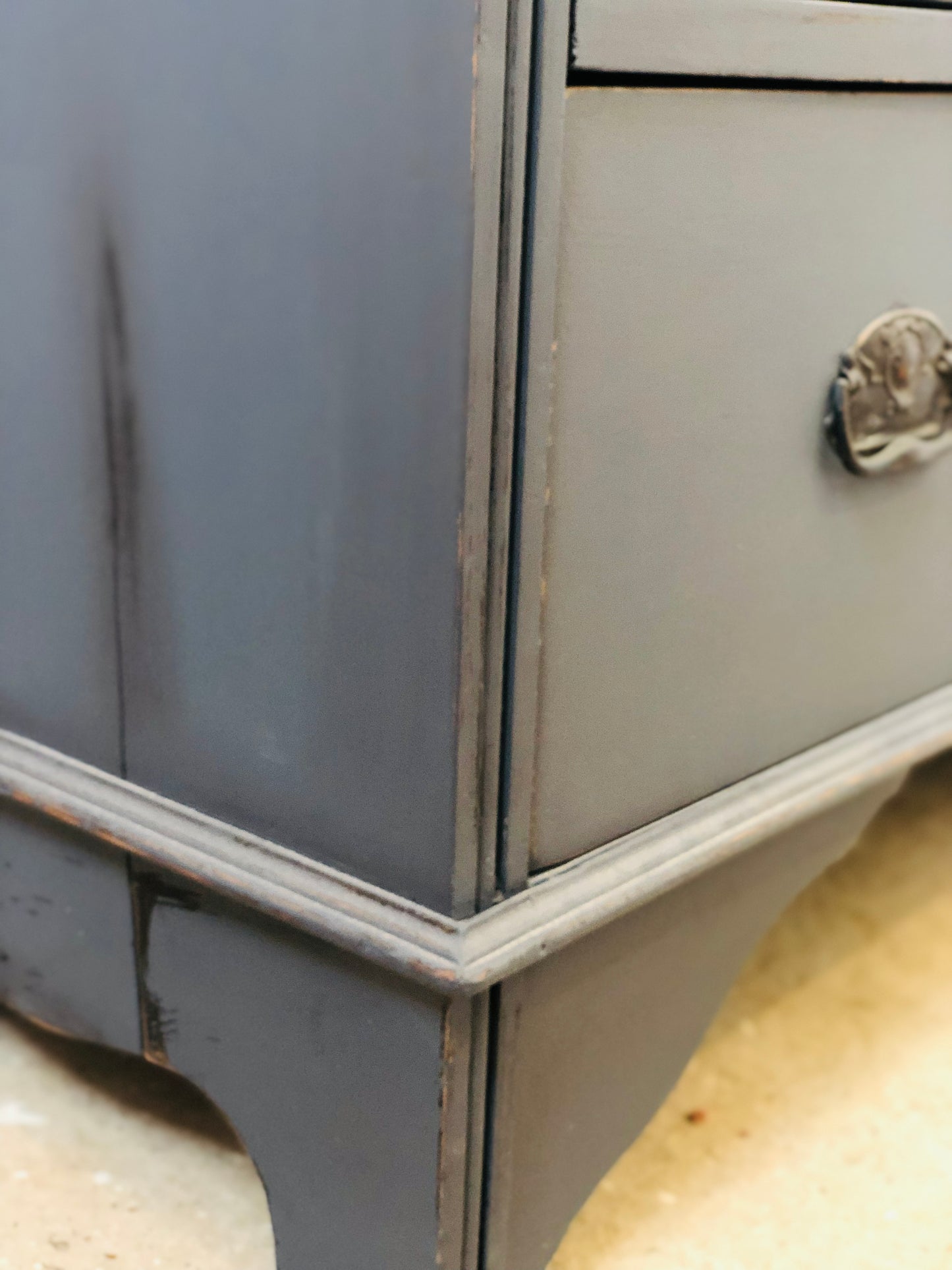 Vintage solid wood chest of drawers, painted dark grey, with distressed detail, rustic style furniture