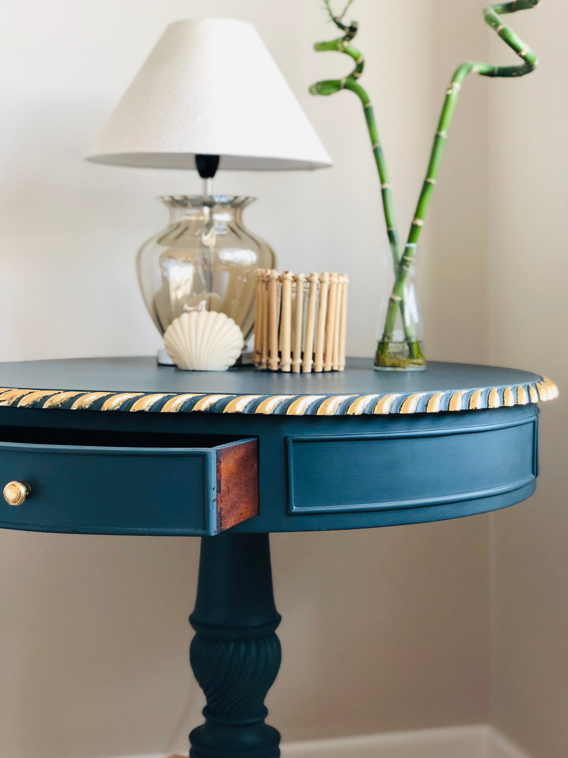 Blue hand painted vintage drum table with gold leaf detail